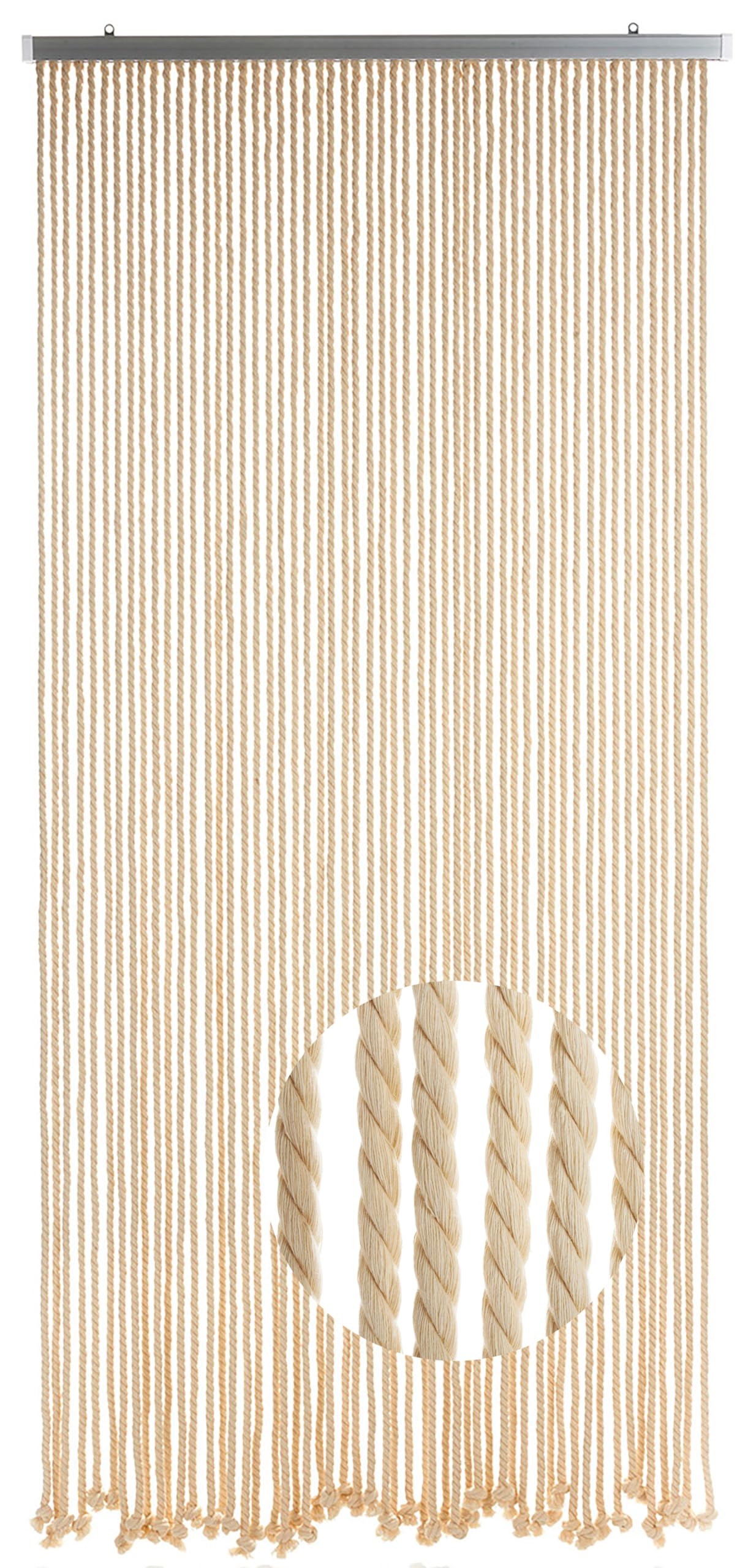Kobolo Seilvorhang MARITIM 90x195/200cm beige, Türvorhang mit 54 Strängen je 1cm & Aluleiste, luftiger Fadenvorhang als Insektenschutz & Raumteiler, dekorativer Schnurvorhang, für Balkon und Terrasse
