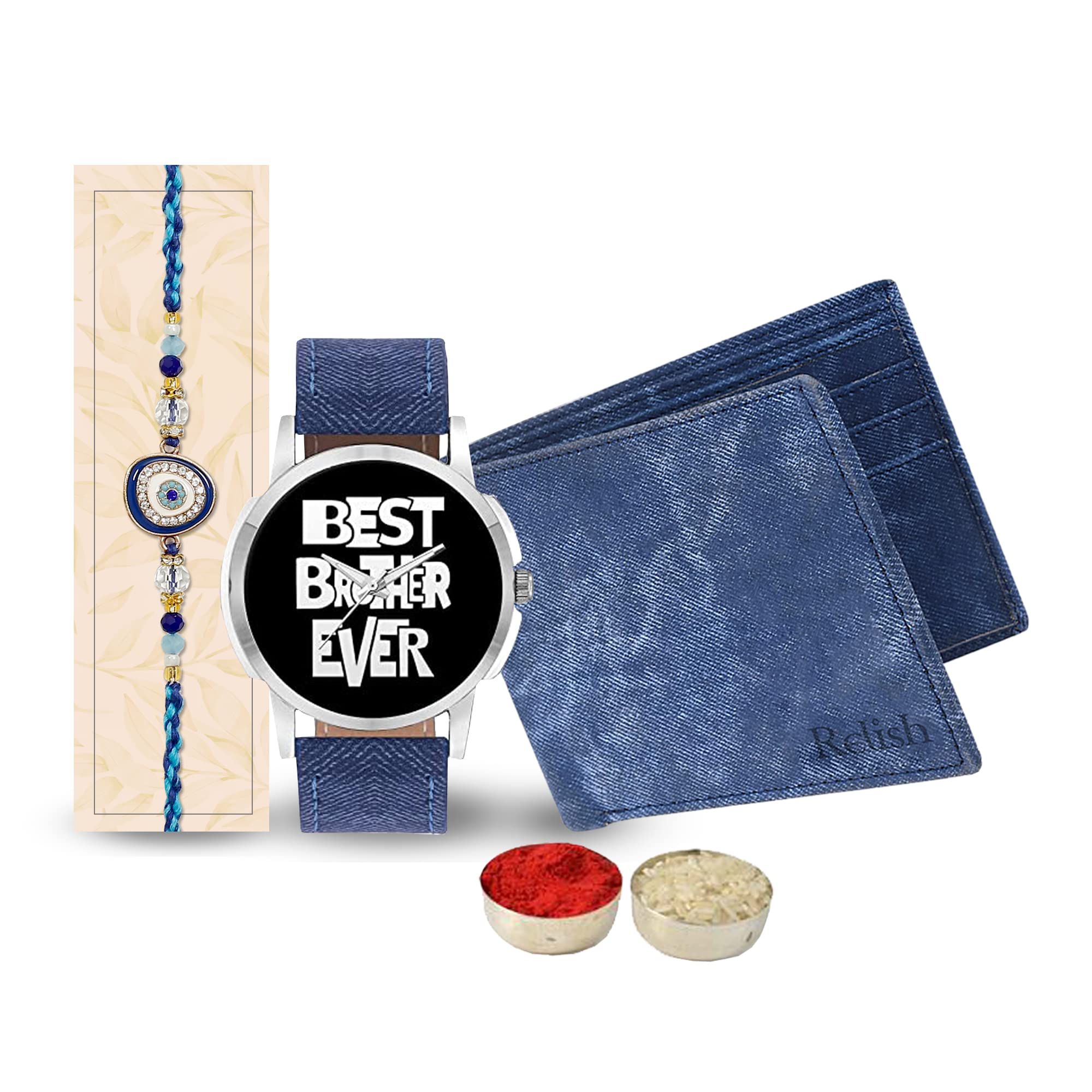 Chocoloony Rakhi Gift For Brother | Relish Best Bro Ever Blue Watch, Denim Leather Wallet with Blue Beads Rakhi | Raksha Bandhan Gifting Combo For Bhai (B0C7MRVWK7) Amazon Price History, Amazon Price Tracker