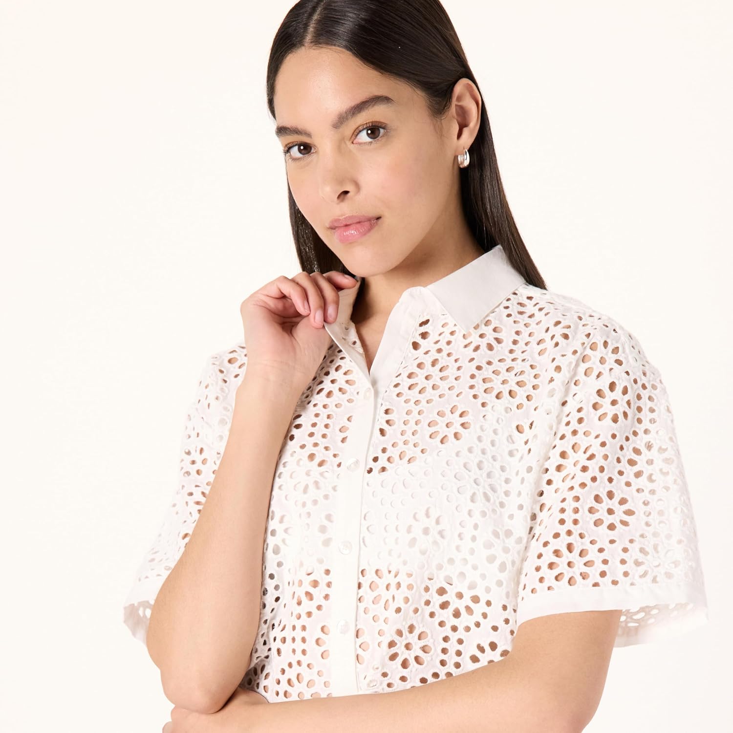 The Drop Women's LUE Lace Button Down Cropped Shirt