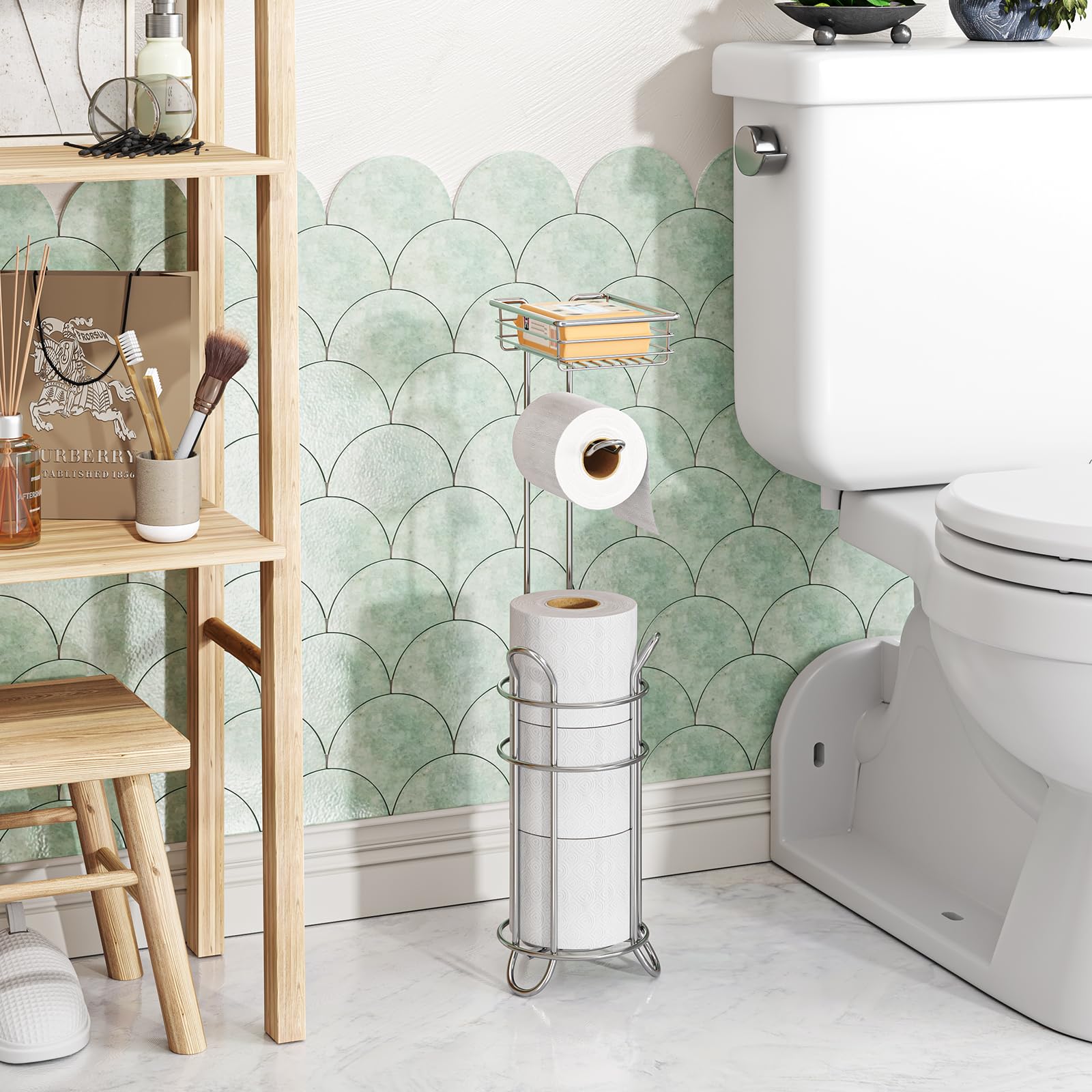 Simple Trending Toilet Paper Holder Stand with Shelf for 4 Rolls — Amazon image 4