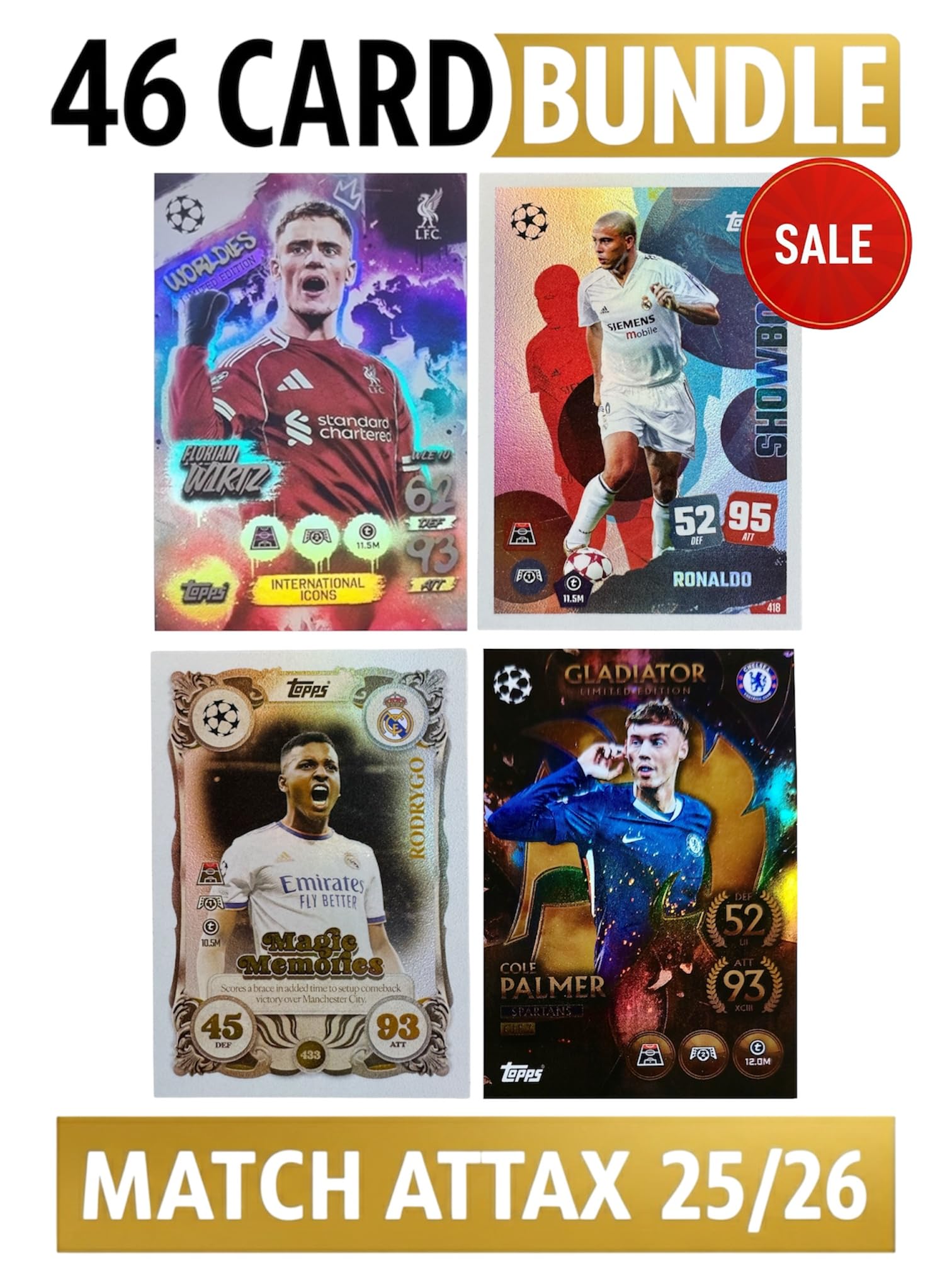Super Rare 46-Card Bundle: Wirtz, Ronaldo, Rodrygo, Palmer +42 Bonus Cards  – Match Attax 2025/2026 (25/26) – Football Trading Cards : Amazon.ae: Toys