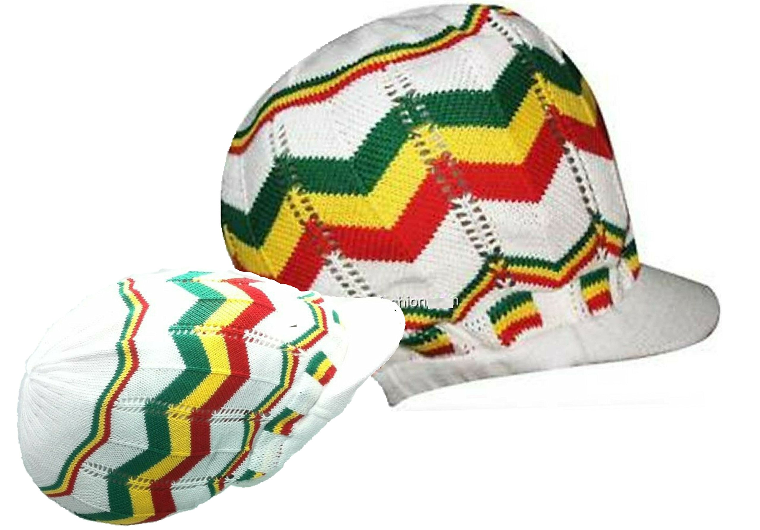 White W/Stripe Red, Green, Yellow Rasta Hat Crown Cap Dread Irie Knit Beanie Jamaica L/XL