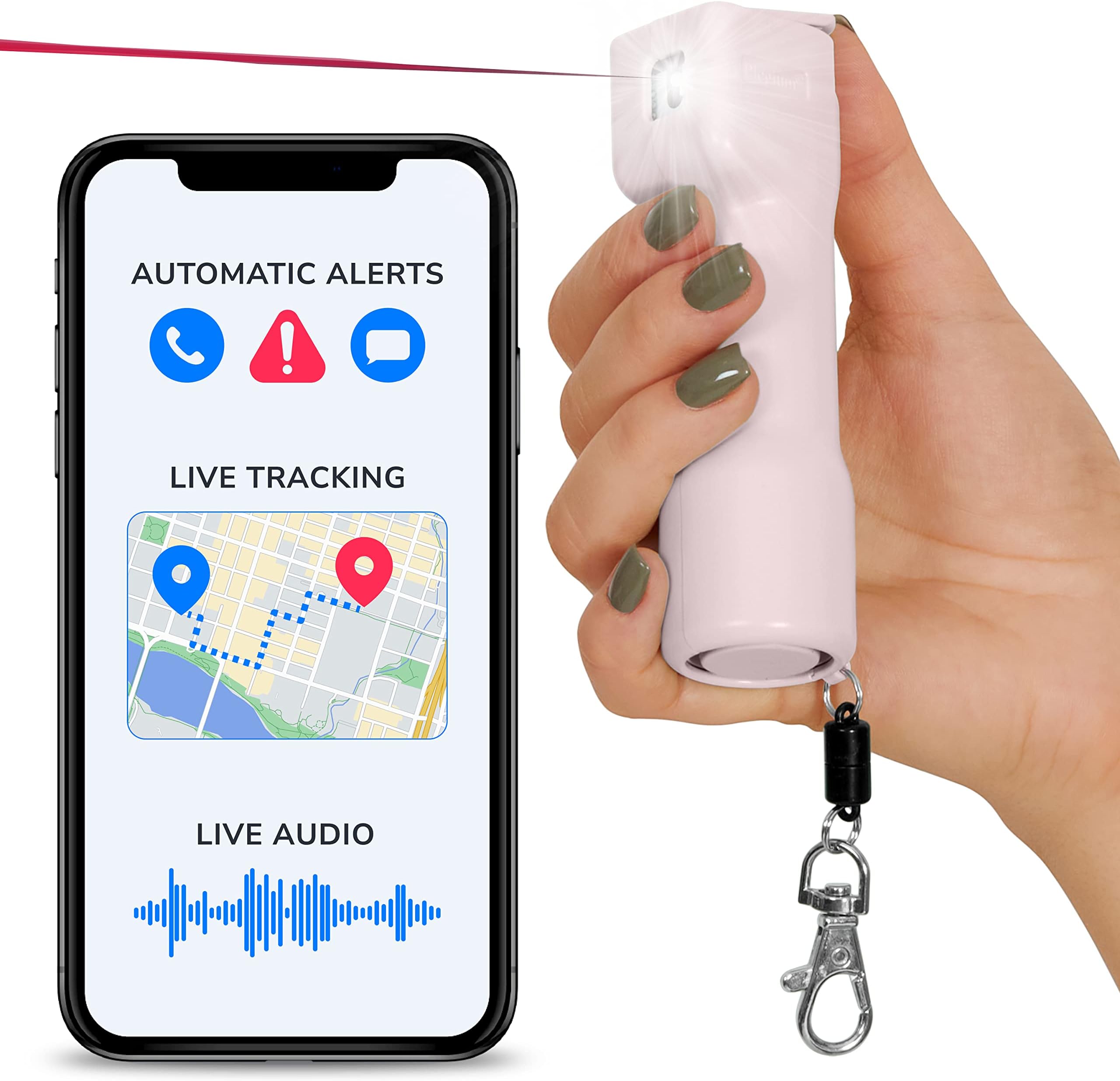PLEGIUM SMART Self Defence Spray UK Legal Criminal Identifier Keychain 5-in-1 (Pink) Free GPS Location Emergency Texts & Phone Calls, Siren, LED Strobe Light