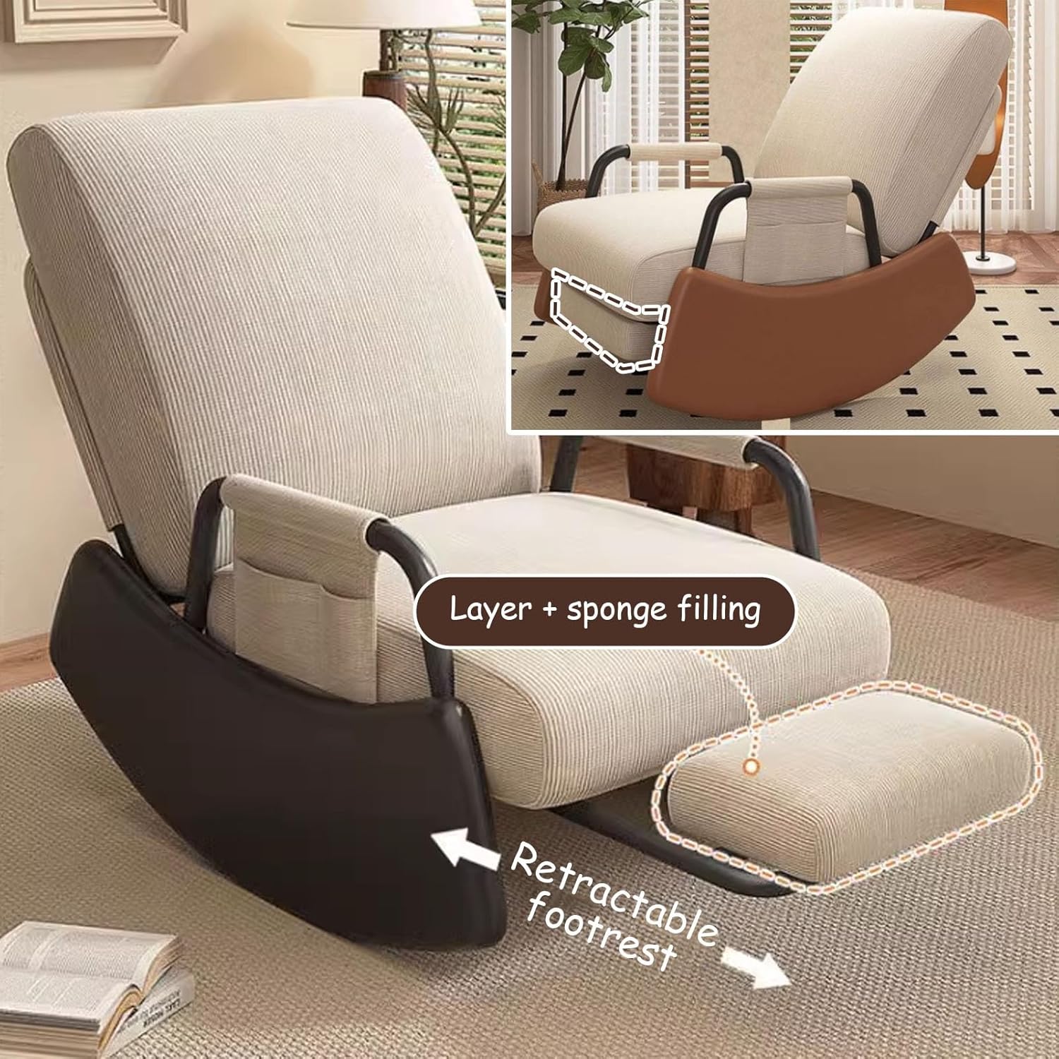 Rocking Chair with Side Bags, Adjustable Backrest Recliner Armchairs, Wide Accent Chair with Retractable Pedals, for Offices, Cafes, Reception Rooms