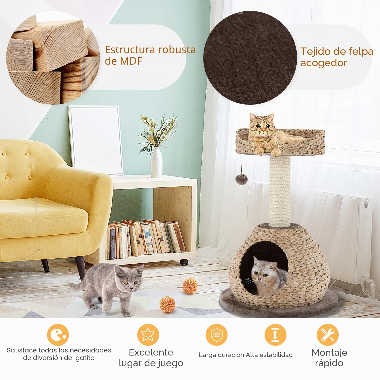 COSTWAY Árbol para Gatos de Interior con Palo Rascador en Sisal Natural, Posadero y Nicho Relajante, Pelota Juguete Colgando, Centro Actividad Torre para Gatos Versátil y a la Moda, Fácil de Montar