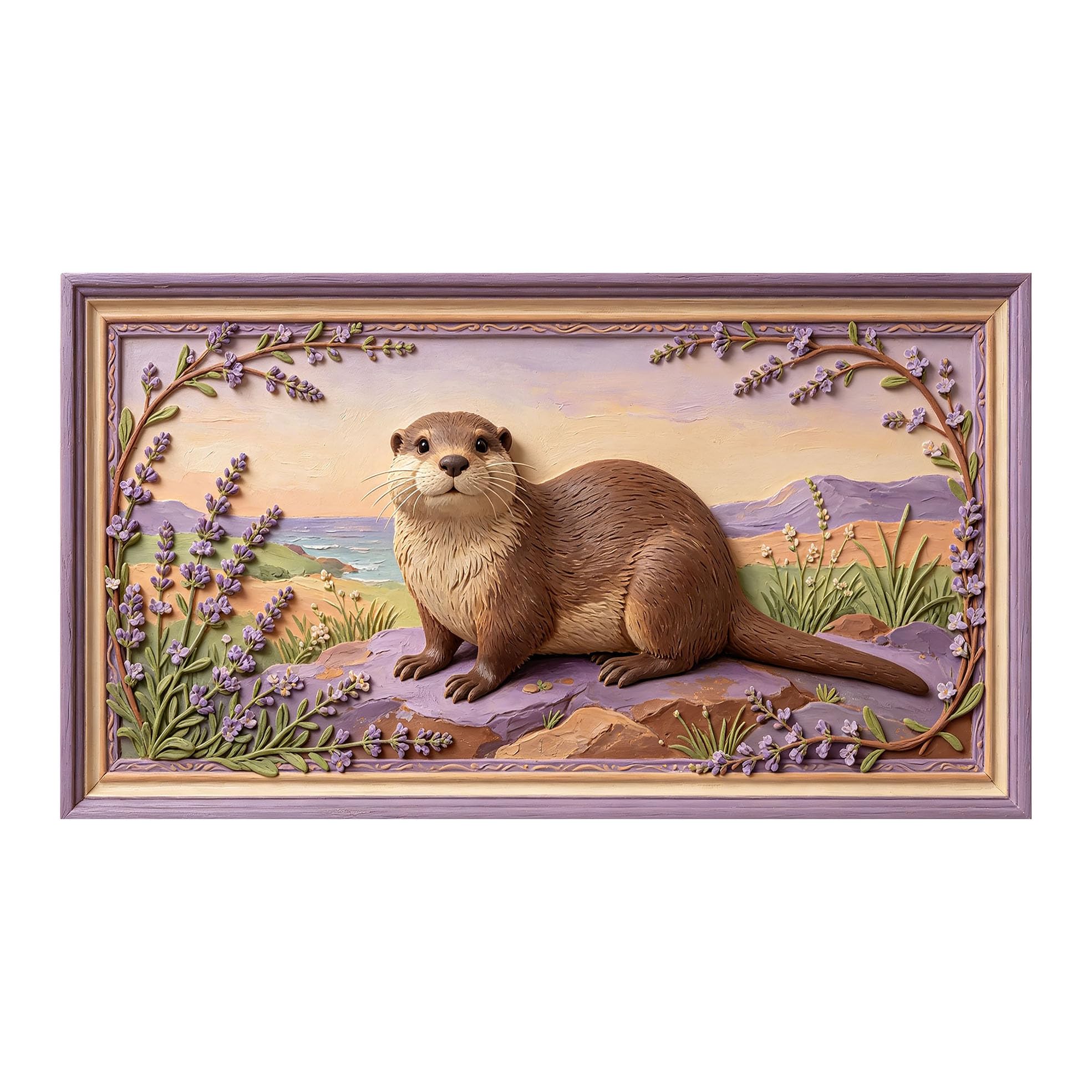 Yzpallescene 3D 3D Framed Wall Art 50cm×90cm Otter Coastal Landscape Lavender Pastoral Style Large Size SelfAdhesive Removable Wall Decor Prints Artwork for Living Room Bedroom Office