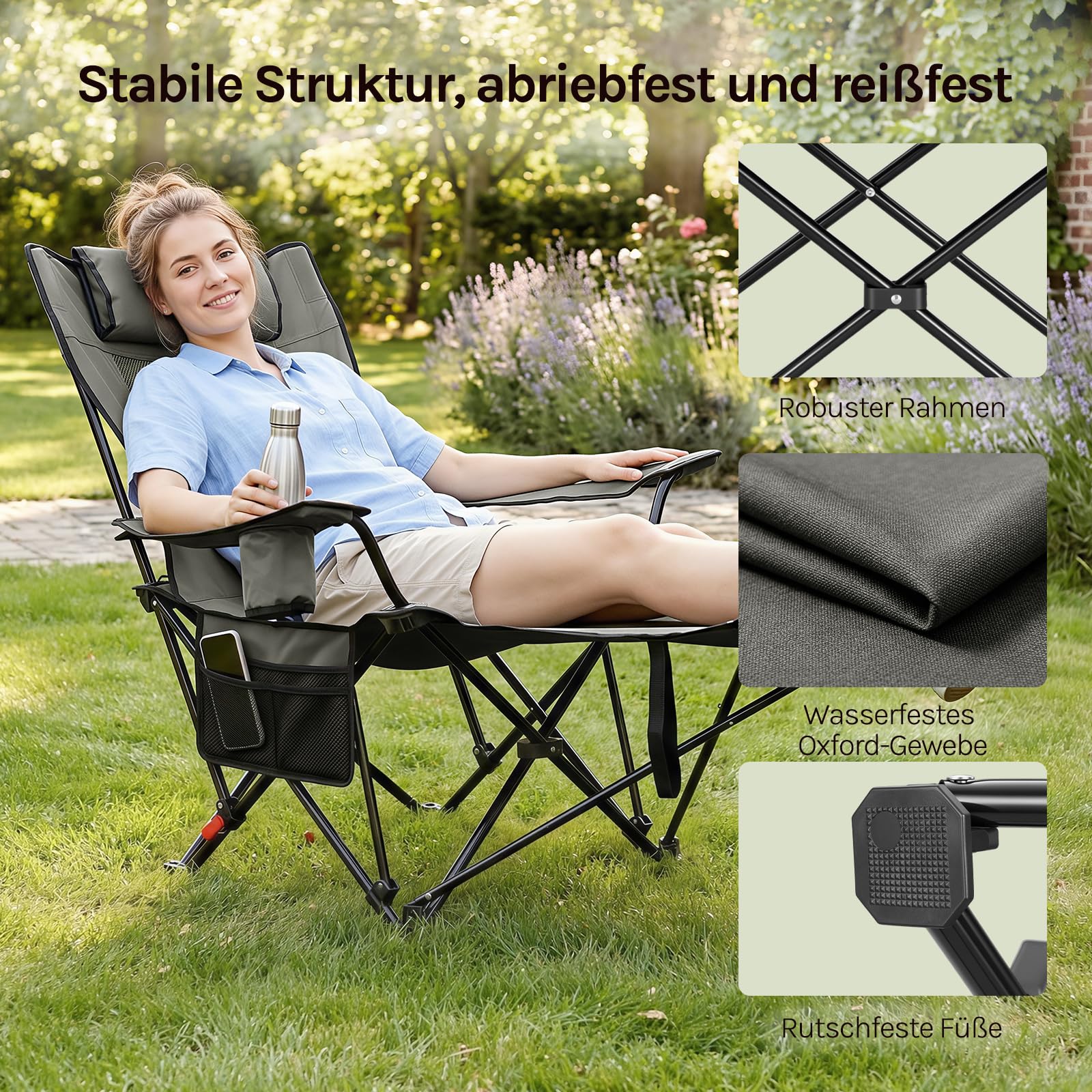WOLTU Campingstuhl Faltbar 2er Set mit Fußablage, 3 Positionen Verstellbar, mit Getränkehalter Seitentasche, bis 150 kg belastbar, für Camping Angeln Picknicks Strand,Grau