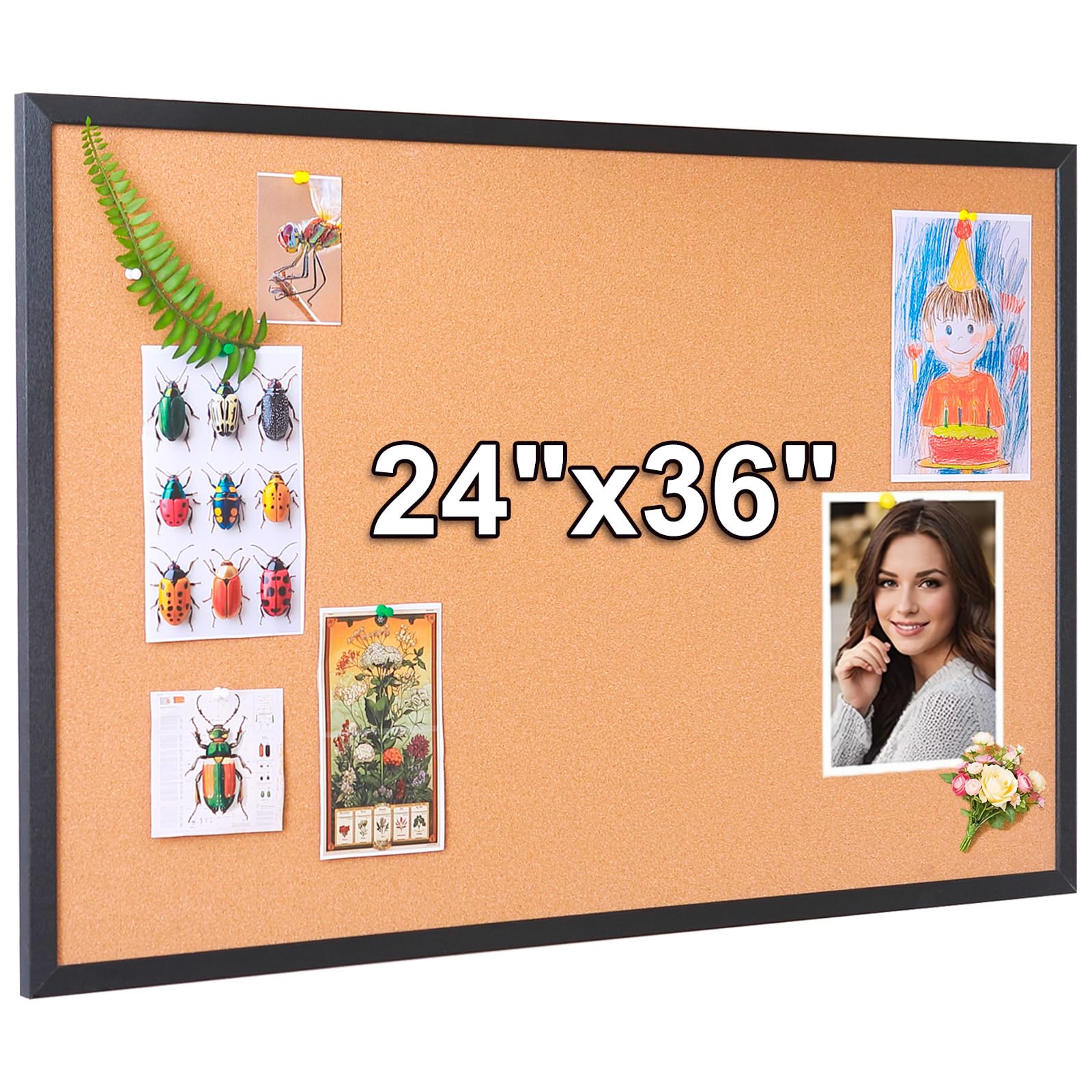 Starhali 24x36 Inch Cork Bulletin Board for Wall with Black Wood Frame | Modern Pin Board for Office & Home | Includes 20 Push Pins & Mounting