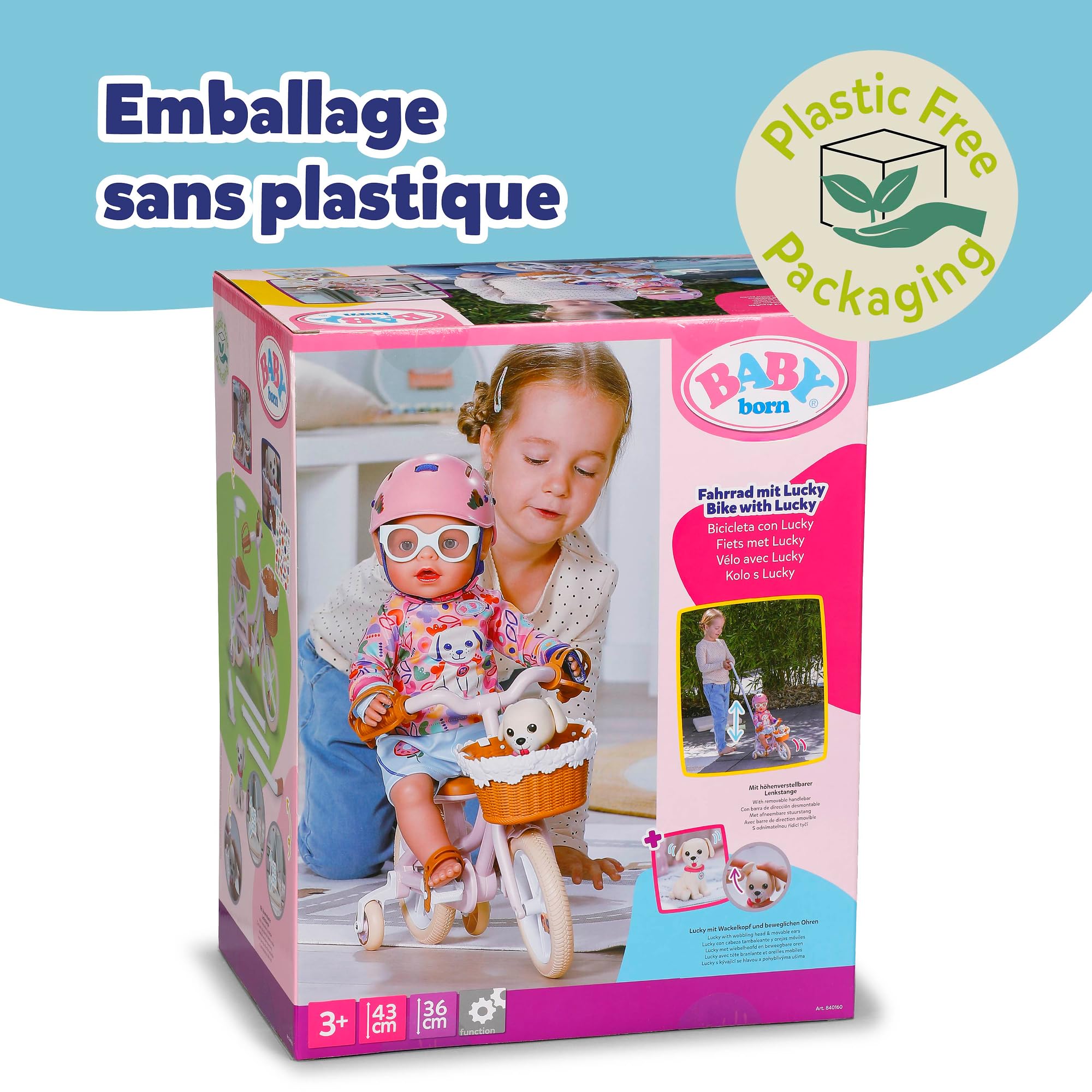 BABY born Vélo avec Lucky, vélo pour poupée avec Panier, Guidon et Autocollants