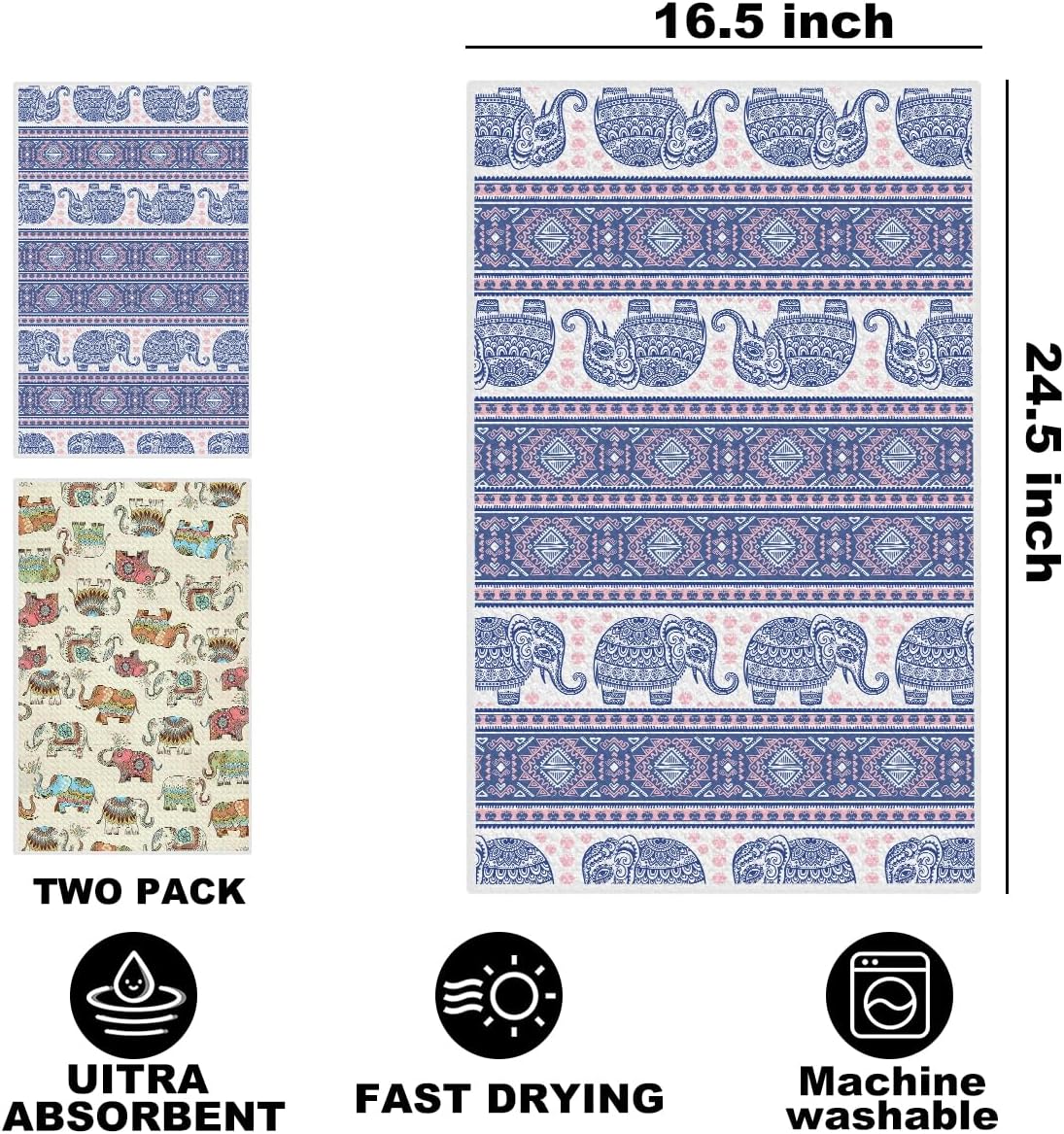 2Pcs Vintage Elephant Kitchen Towels, Farmhouse Absorbent Tea Towel Decor Dish Hand Towels Elephant Lover Gifts for Cleaning Drying Women Mom Housewarming Gifts 14 x 24 Inch Kitchen Home Decor - Image 2