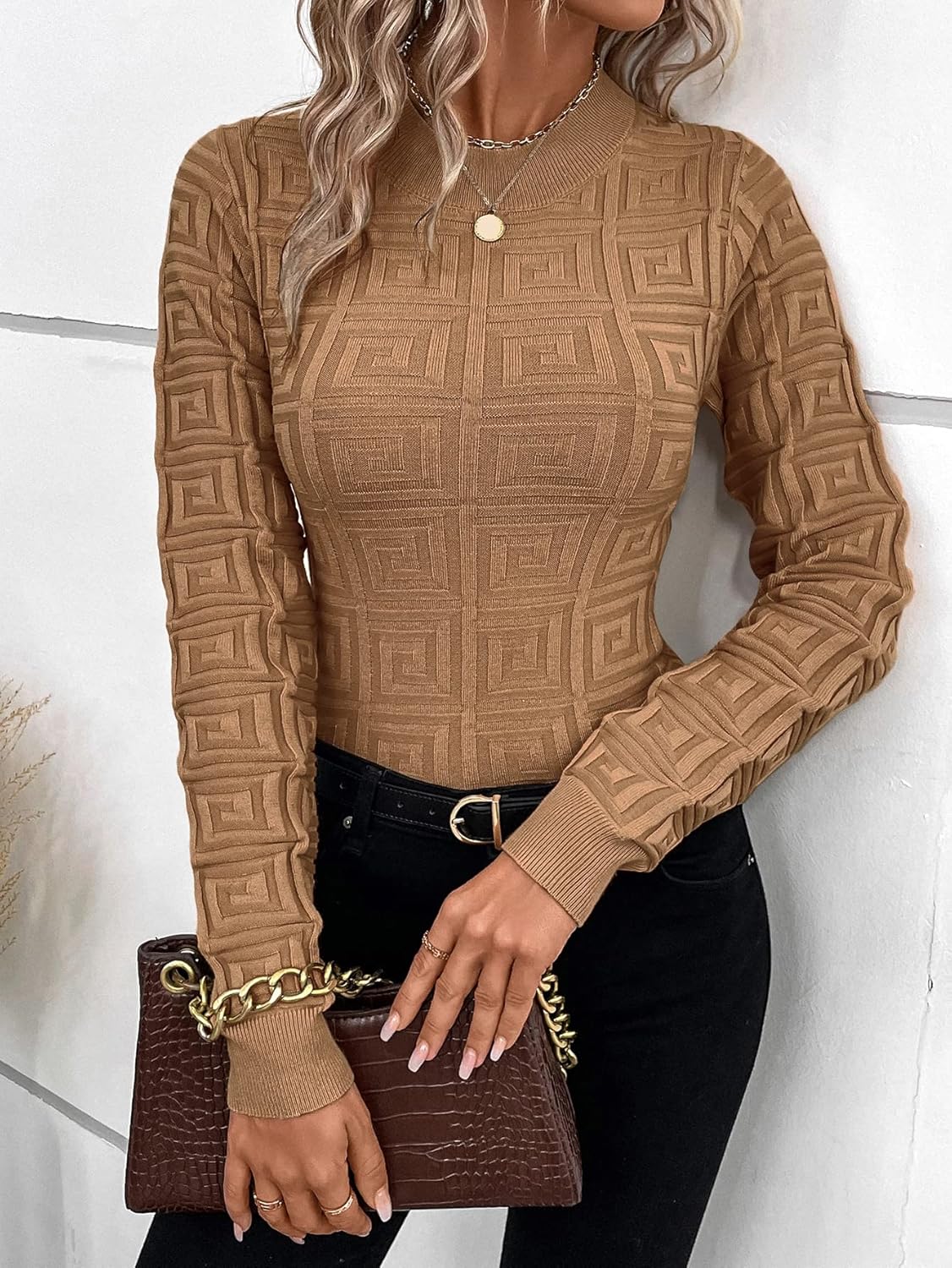 Women's Sweater Solid Round Neck Sweater Sweater for Women (Color : Brown, Size : Large)