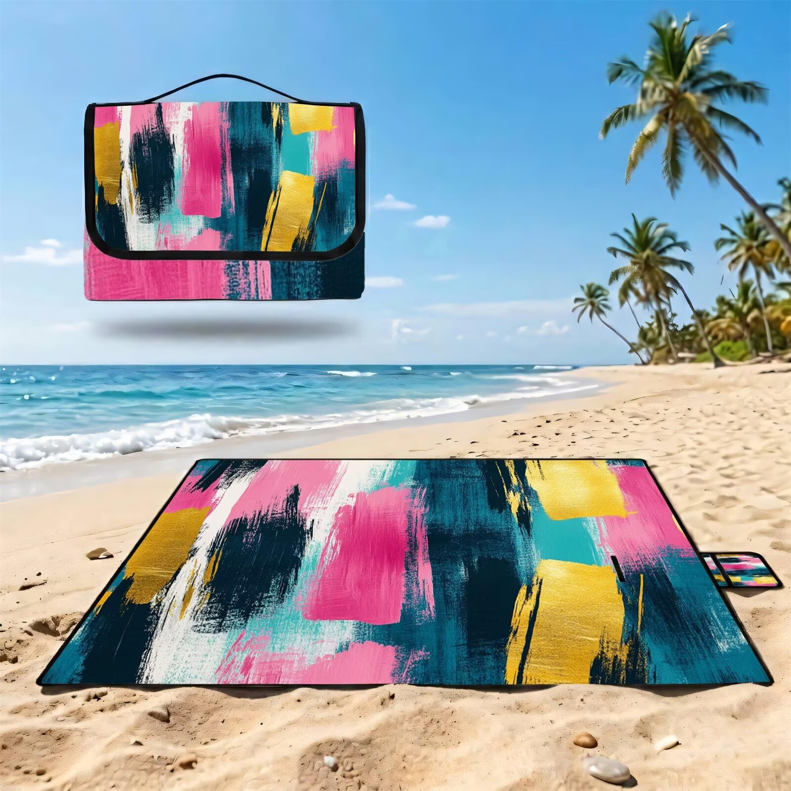 Couverture Pique Nique Grande 200x300cm,Outdoor Couverture Imperméable,Pliable Tapis de Plage Dos en PVC Anti-Sable,Picnic Blanket pour Camping Accessoires,Jardin,Parc,Famille - Coloré,abstrait UZ-792