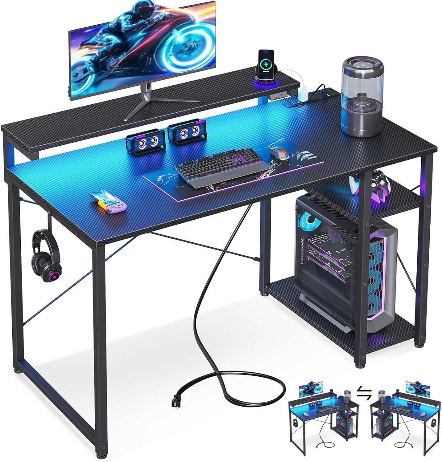 Product image of MOTPK 40 Inch Small Gaming Desk with Storage & Led Lights, Computer Desk with Power Outlet & Shelf, Reversible Gamer Desk with Adjustable Monitor Stand, Carbon Fiber Texture Black