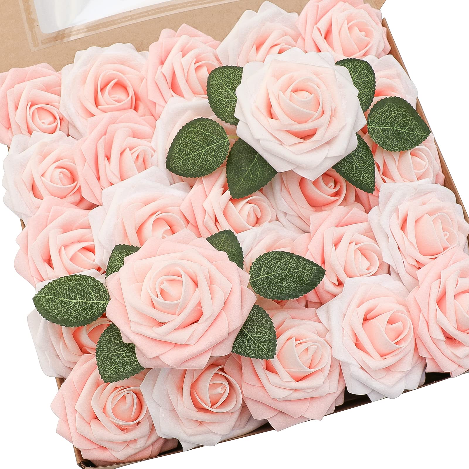 Floroom Artificial Flowers 25pcs Real Looking Blush Shades Foam Fake Roses with Stems for DIY Wedding Bouquets Bridal Shower Pink Centerpieces Floral