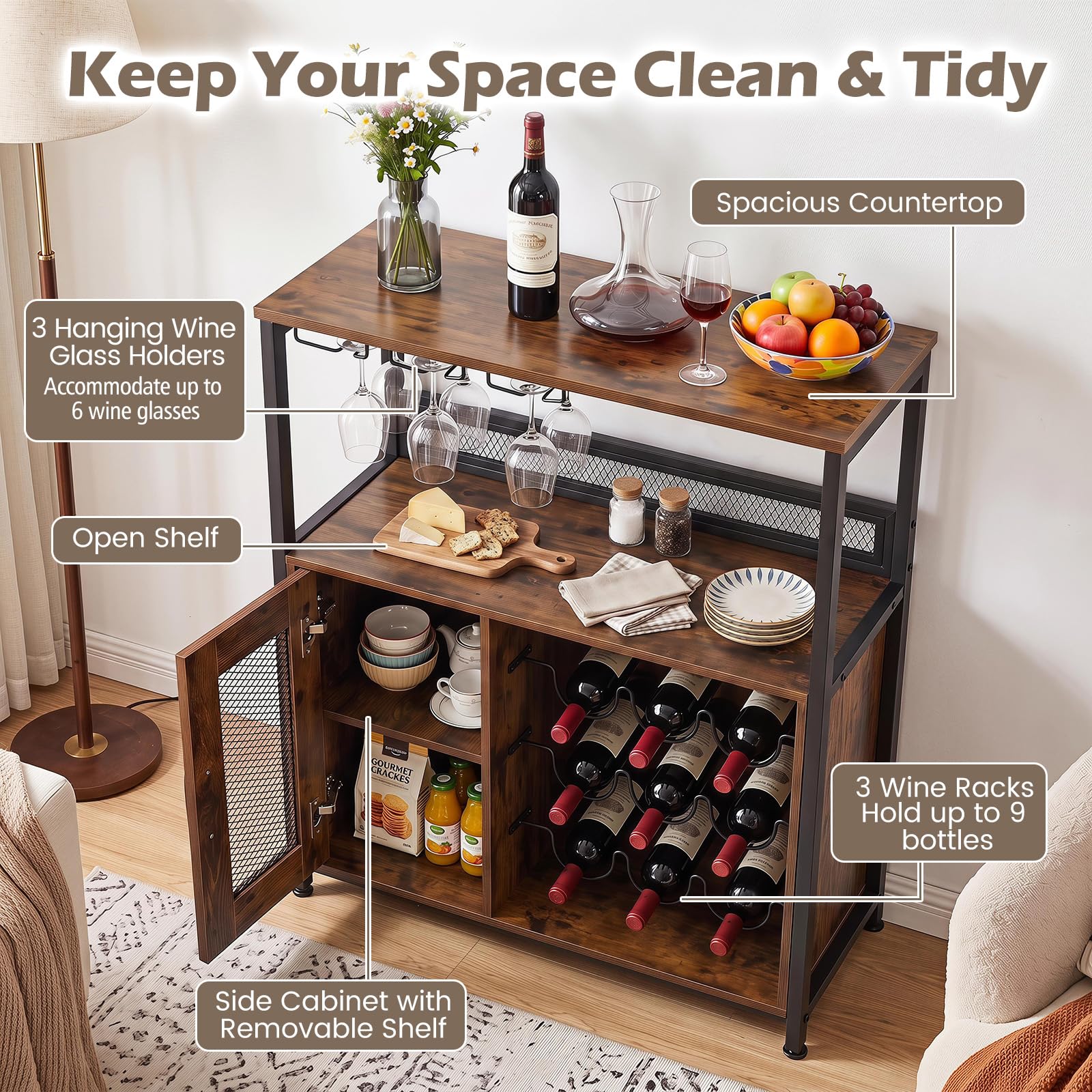 GIANTEX Armoire à Vin avec 3 Porte-Verres et Casiers à 9 Bouteilles, Meuble à Vin avec Kit Anti-Basculement, Organisateur Industrielle pour Salon, Salle à Manger, Cuisine, Bar, Marron Rustique