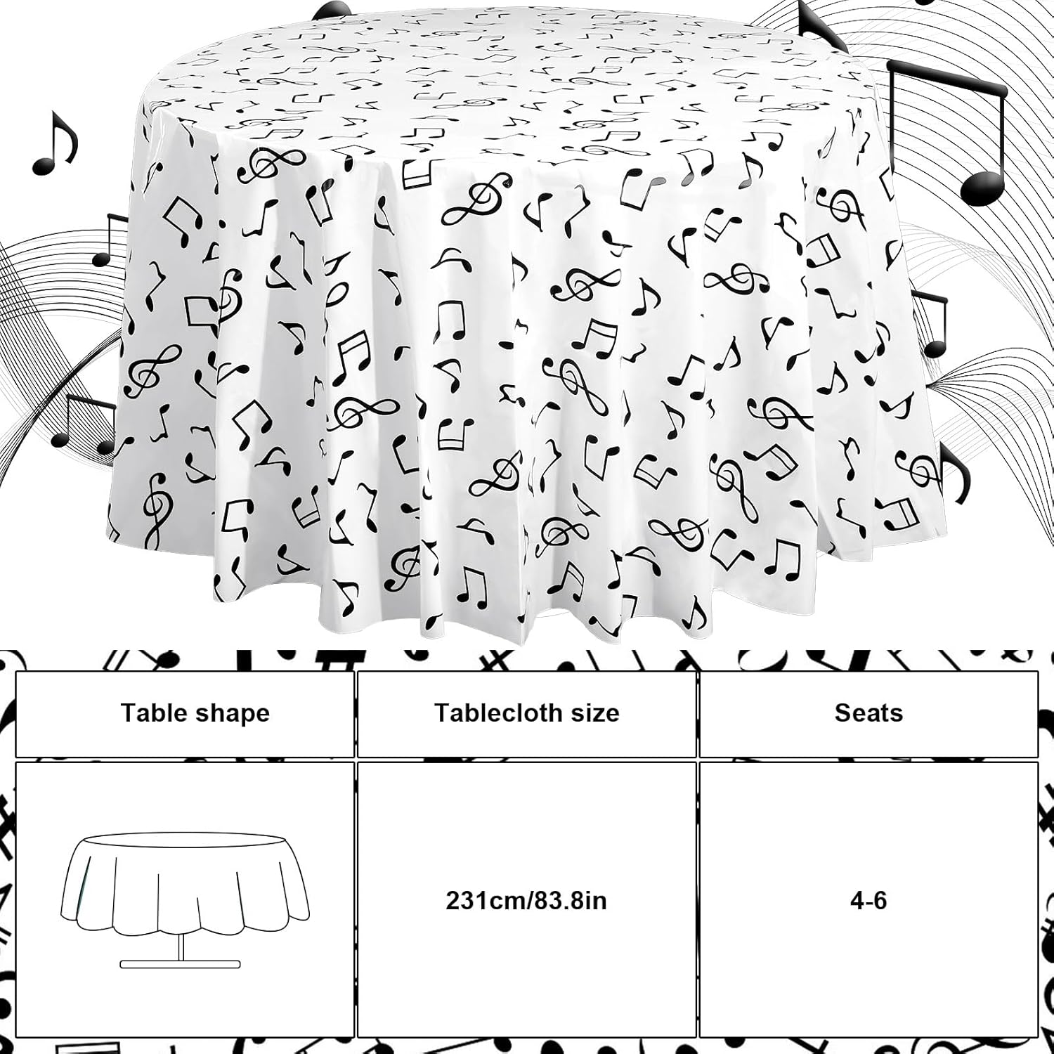 Oudain 6 Pcs Musical Notes Tablecovers Round 84 Inch Music Party Disposable Tablecloths Plastic Table Cover Music Themed Birthday Party Decoration Supplies (Note)