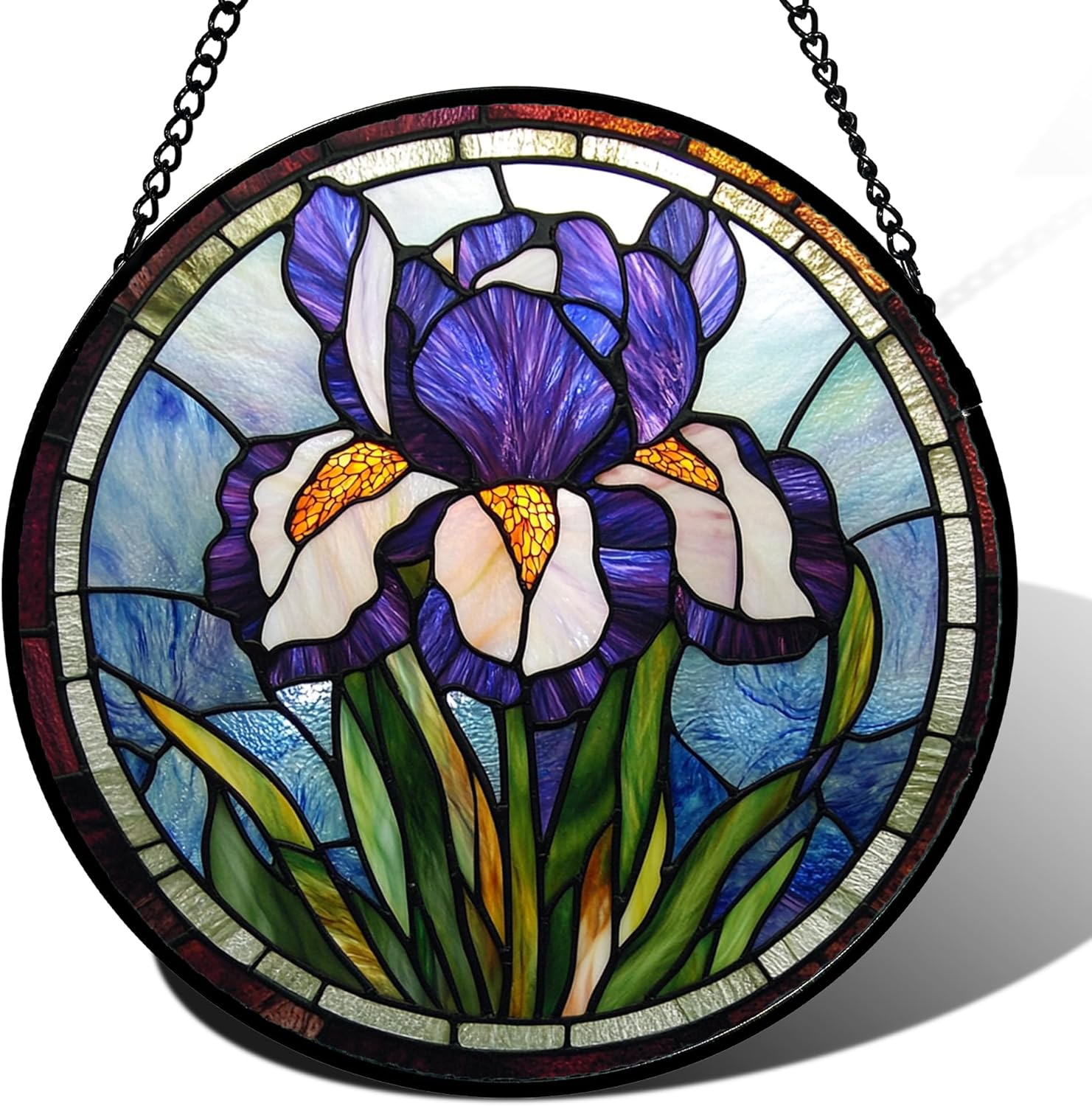 Stained Glass Window Hanging - Purple Iris Floral Sun Catcher for Door Garden Home Decor Retro Flower Suncatcher Christmas Mother's Day Birthday Gifts for Women Men Mom Nana Friend 9.8 in