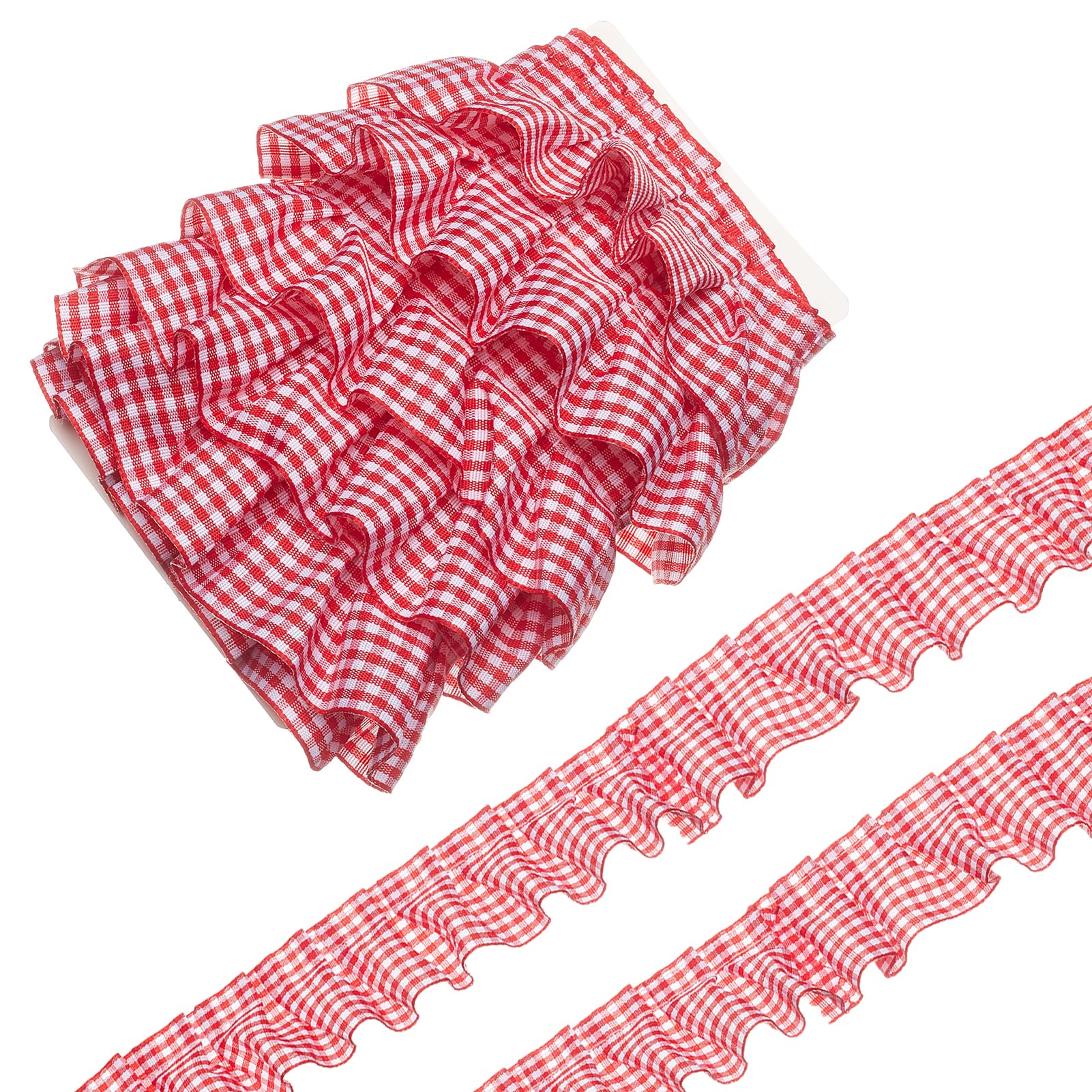letsinstyle 5 Yards Ruffle Pleated Lace Trim, Red Gingham Ribbon, Gathered Fabric Edge Trimming Embroidery Lace Ribbons for Dress Clothing Pillow Hats Cuffs DIY Craft