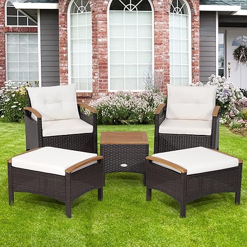 Miniatura 3 de HAPPYGRILL Juego de muebles de patio de 5 piezas para exteriores, silla de mimbre de polietileno y otomana con cojines y mesa auxiliar con mesa de