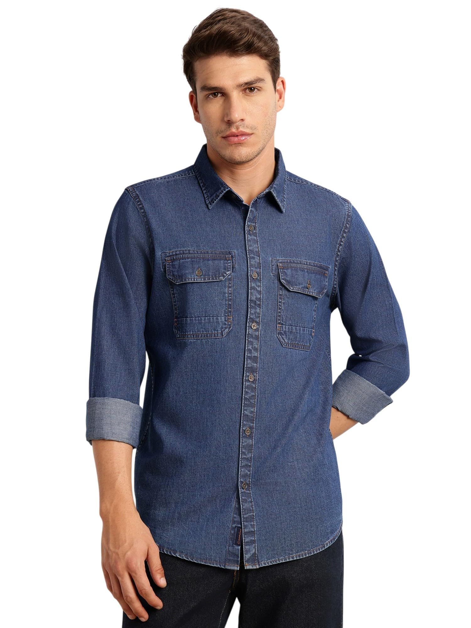 thomas scott Men’s | Slim Fit | Solid Dark Denim Look | Full Sleeve | Spread Collar | 2 Flap Pockets | 100%Cotton | Casual Shirt for Men-picture-12
