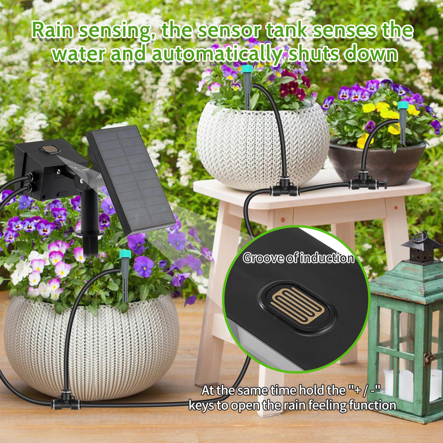 Sistema di irrigazione automatico a energia solare, kit di irrigazione a goccia con batteria da 2200 mAh e sensore pioggia e schermo LCD, sistema di irrigazione per interni ed esterni, balcone,