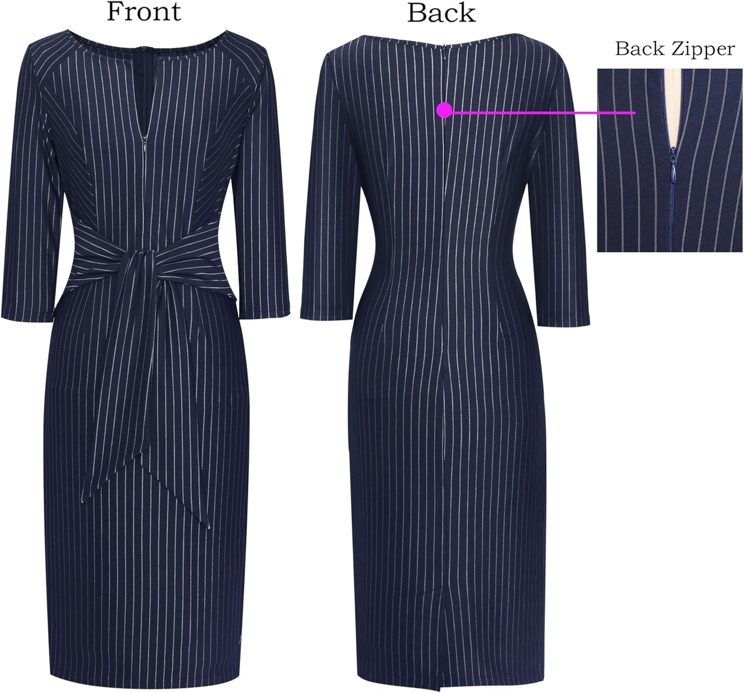 VFSHOW Womens Front Zipper Tie Waist Bow 3/4 Sleeve Slim Fitted Work Business Office Party Bodycon Pencil Sheath Dress - Image 5