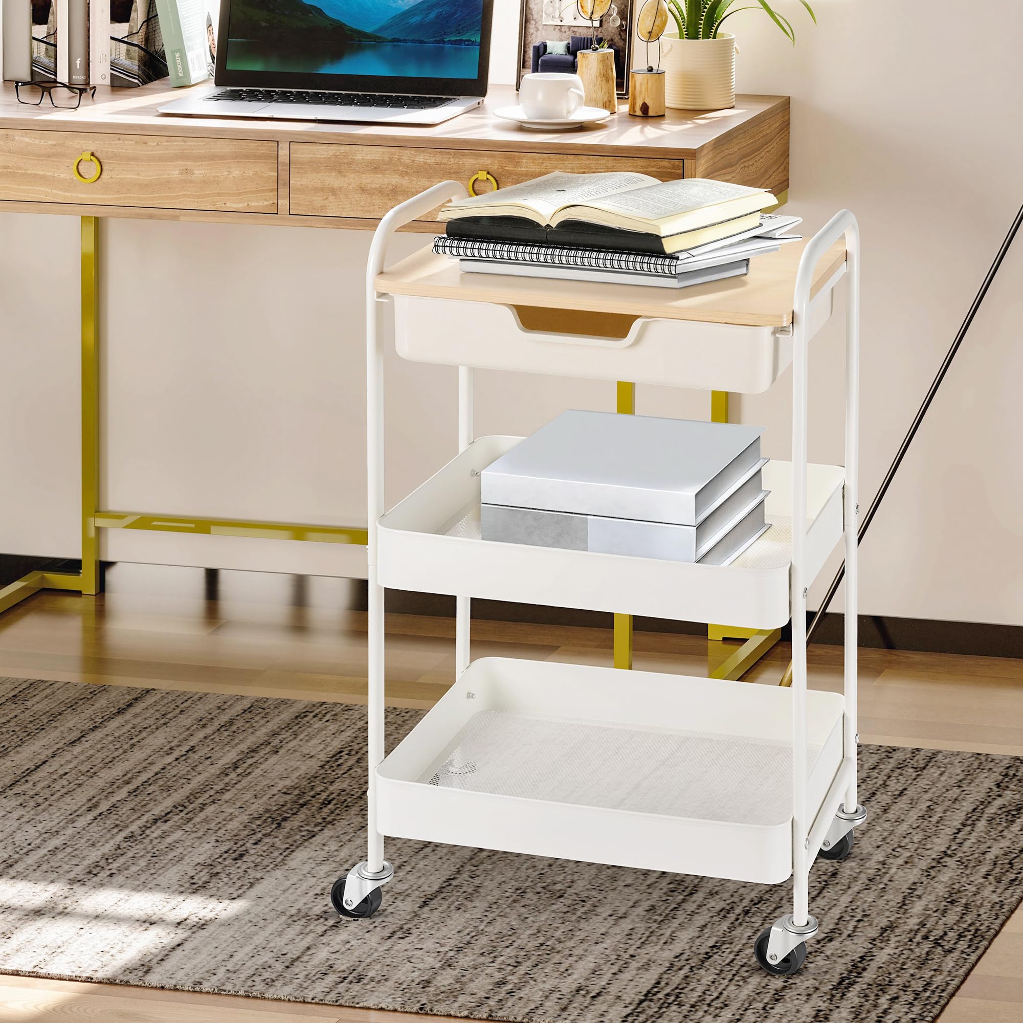HOMCOM - Carro de Servicio para Cocina, 2 estantes cajón, Bandeja de Madera, Acero PP, Color Blanco