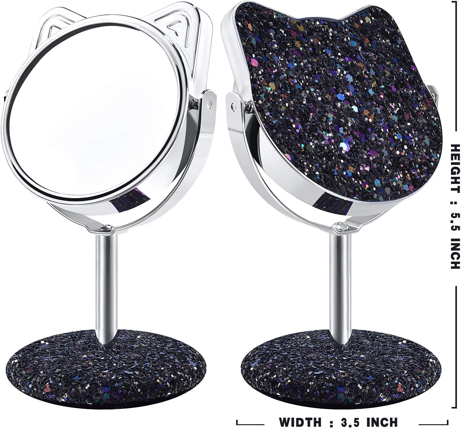 DERUI CREATION Kitty Makeup Vanity Mirror,Desktop Tabletop Mirror,Colourful Glittery Compact Mirror,Gift for Young Girl and Women (Black)
