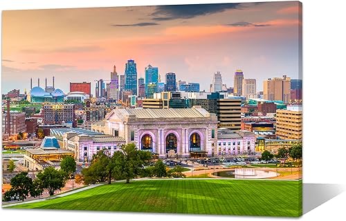 Arte de pared de Kansas City, impresiones enmarcadas de Missouri al anochecer paisaje urbano, lienzo decorativo de pared, póster de pintura de