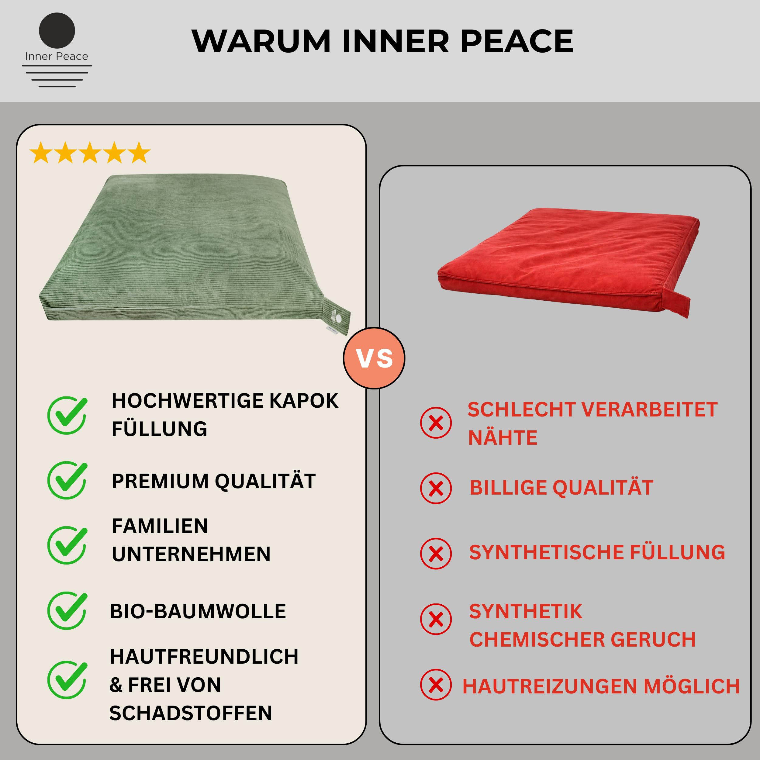 Inner Peace Meditationsmatte Zabuton Cord XL 85 x 85 cm | Kapokfüllung, Bezug: 100% Baumwolle, waschbarer Bezug, Meditation Matte, Zen Matte, extra groß
