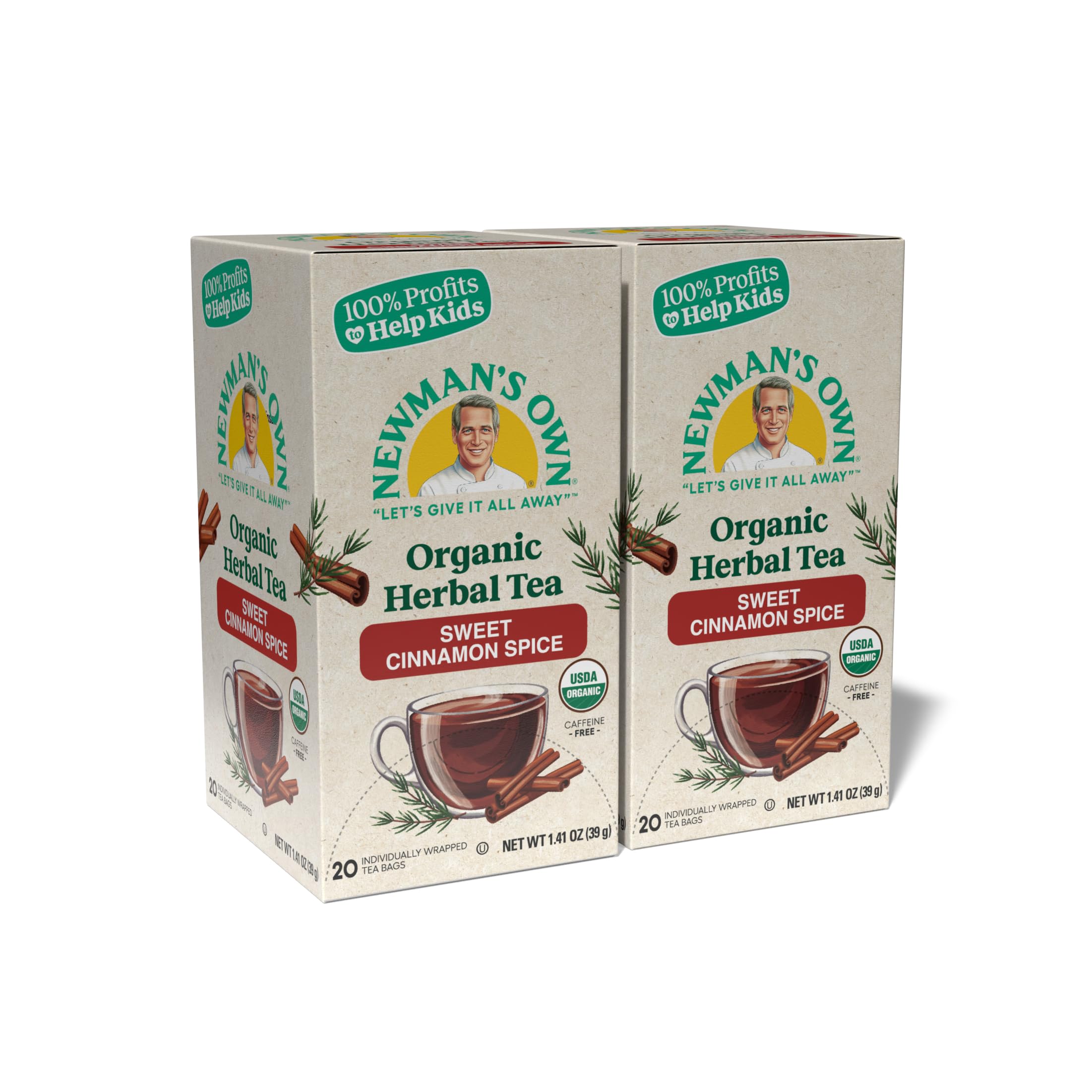 Newman's Own Organic Sweet Cinnamon Spice Herbal Tea with Rooibos Tea with Organic Ginger 20 Individually Wrapped Tea Bags Per Box (Pack of 2) USDA