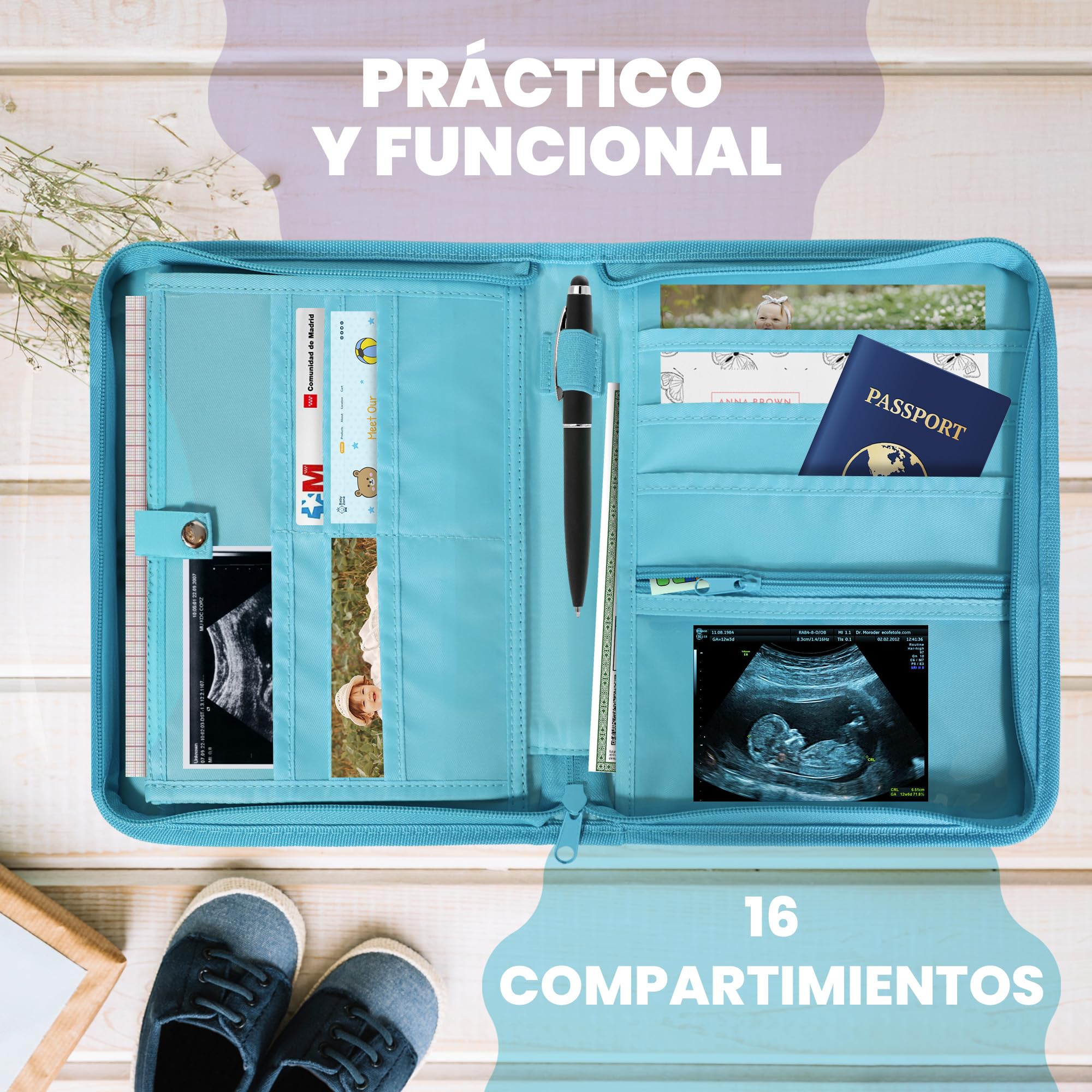 WhataBerry Document Holder, Turquoise - 16 Compartments, Baby Document Organizer for Boys and Girls up to 10 Years - Image 3