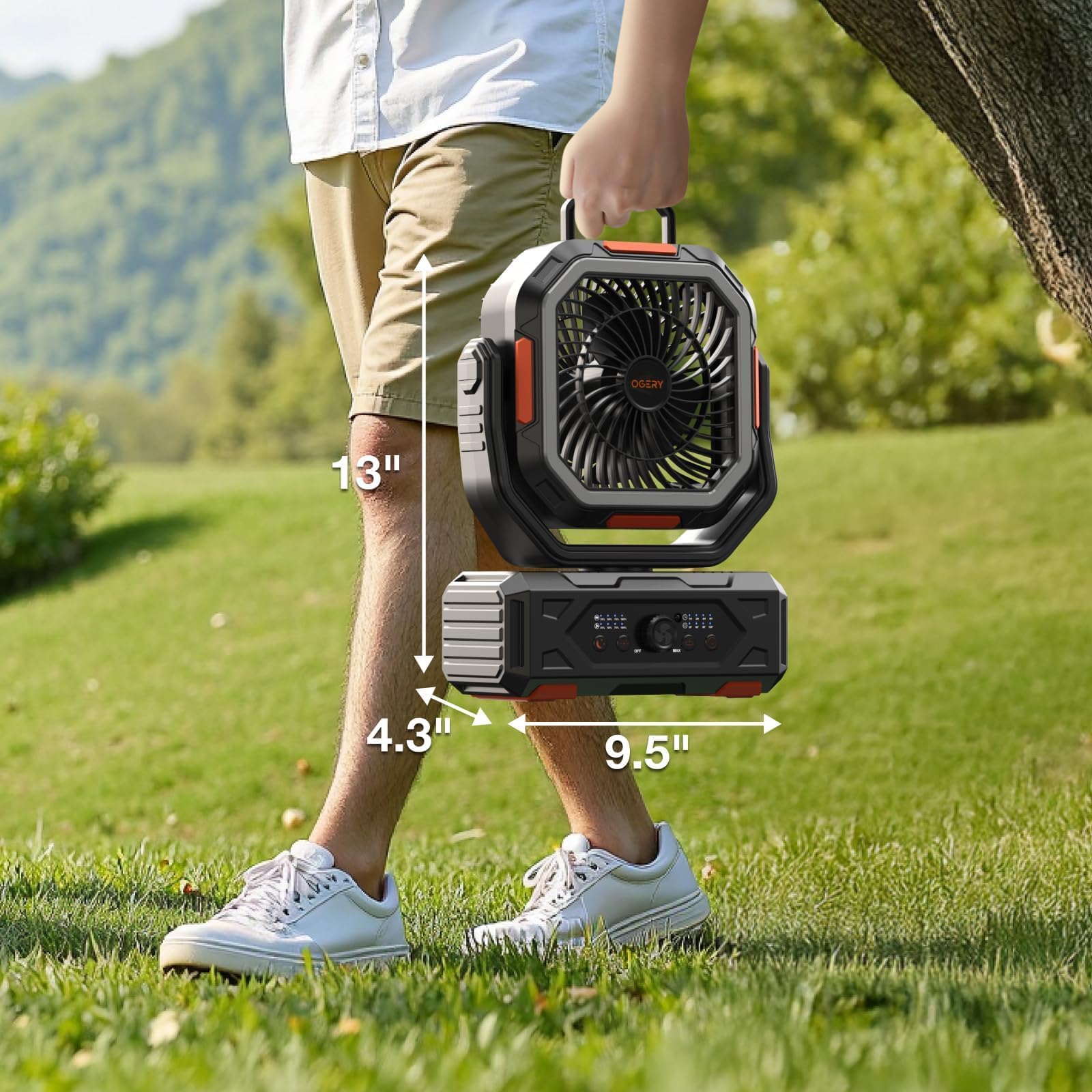 OGERY Ventilatore portatile ricaricabile, 30000 mAh, ventilatore da campeggio per tenda, camper e esterni con durata fino a 322 ore, ventilatore alimentato a batteria con telecomando, lanterna LED