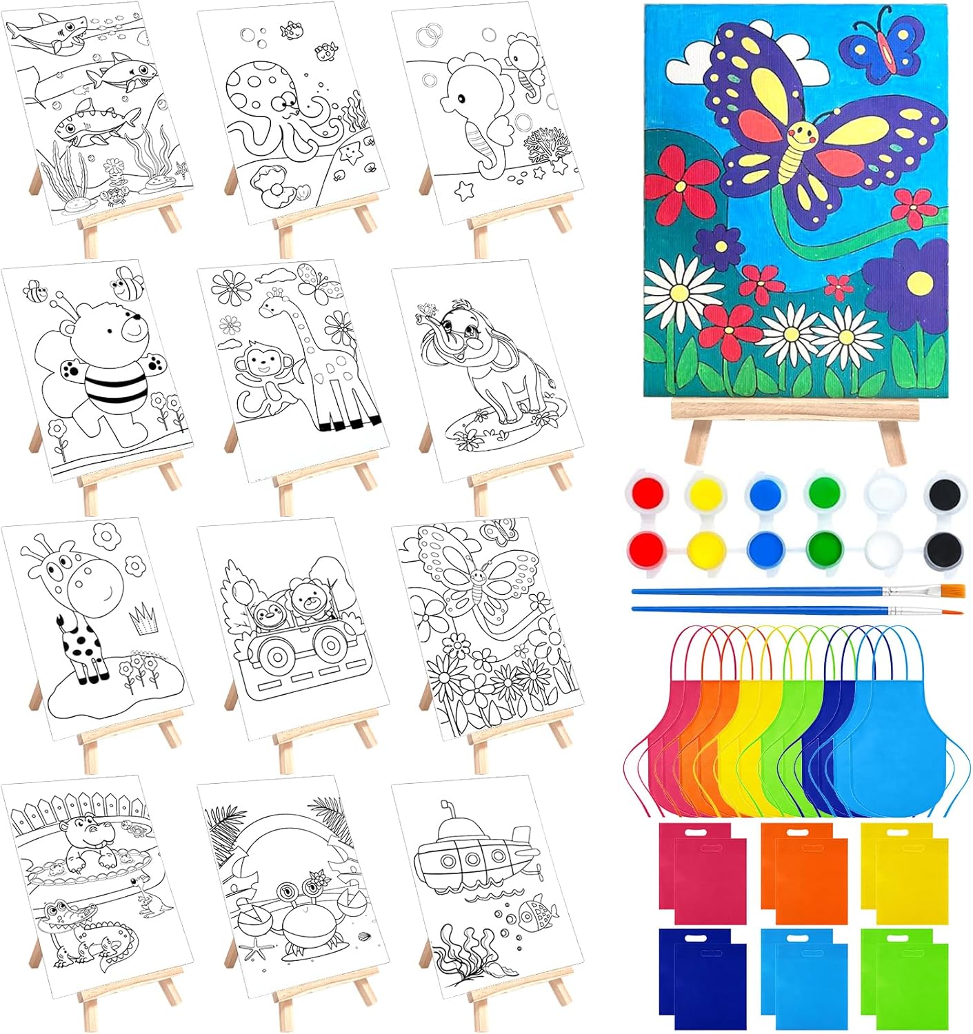 48PCS 12 Sets Printed Canvas Paint Art 12 Pcs Wooden Easel Set Paint Pots and Brushes and 12 Pre Drawn Canvas Panel 12 Pcs Mini Apron and Tote Bag for Kids(Animal)