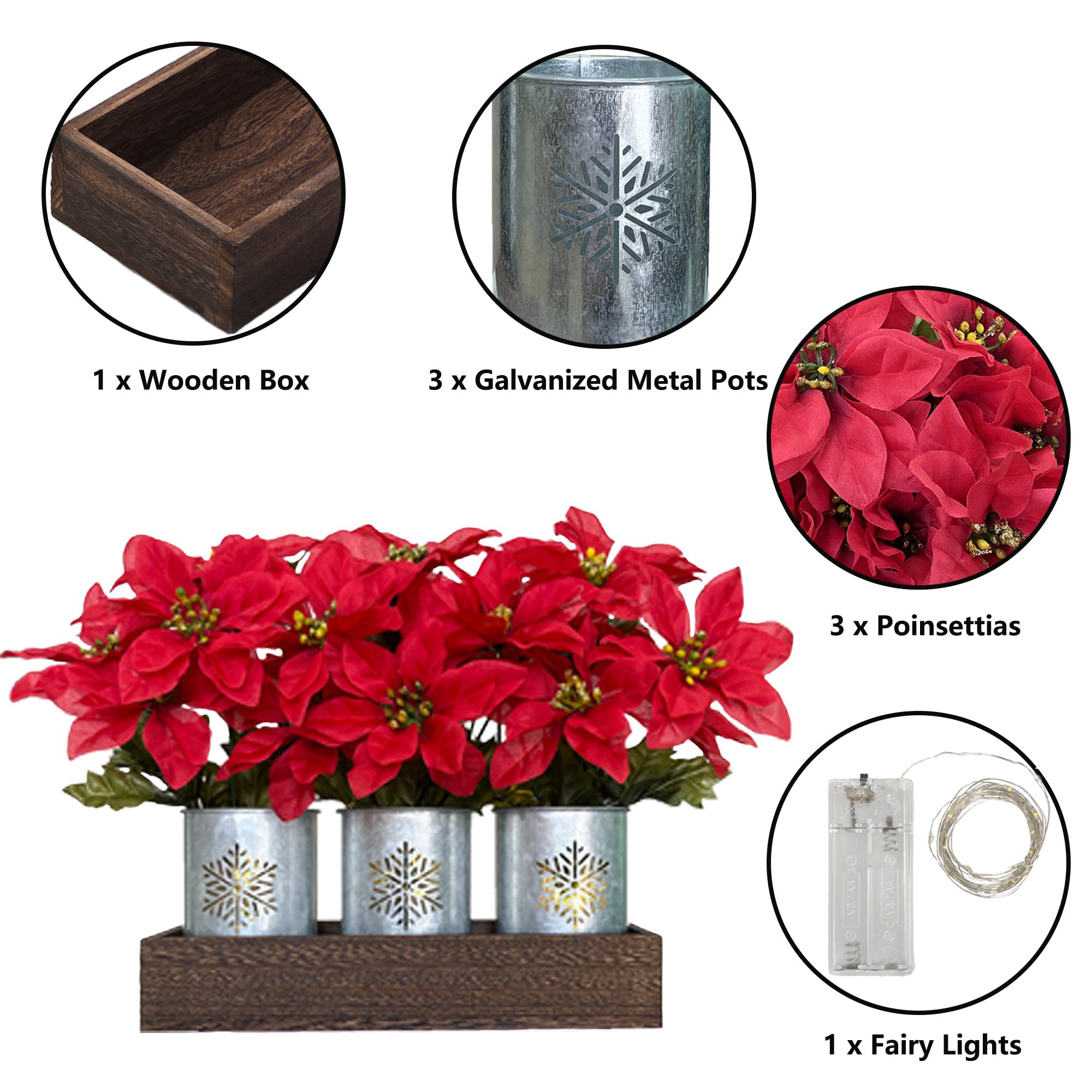 Poinsettias Fleurs de Noël artificielles avec lumières LED, centre de table de Noël rouge en pots et boîte en bois pour décoration