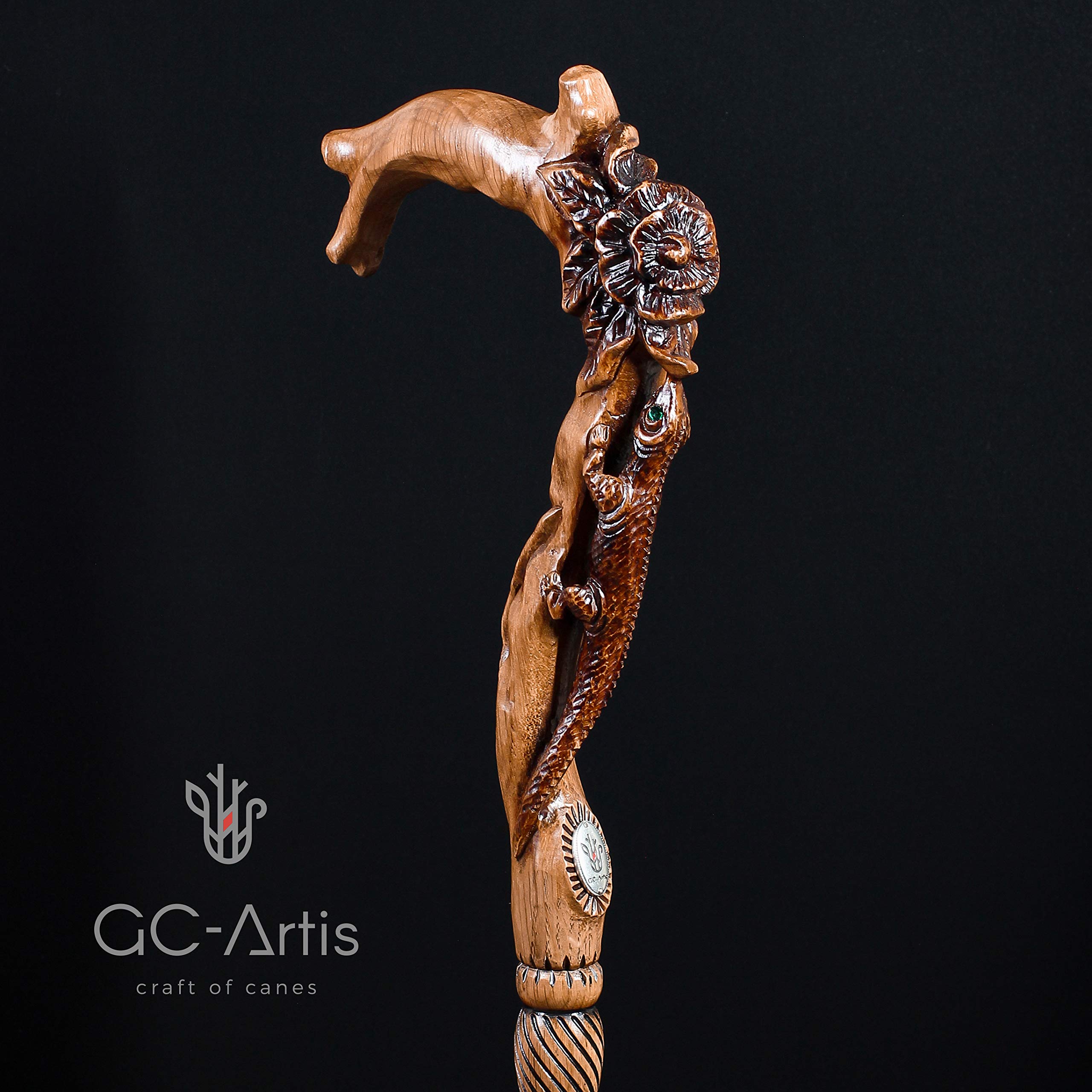 Elegant Light Wooden Walking Stick Cane for Women Ladies Carved Flowers & Lizard Comfortable Handle Fashionable Designer Brown product thumbnail 3