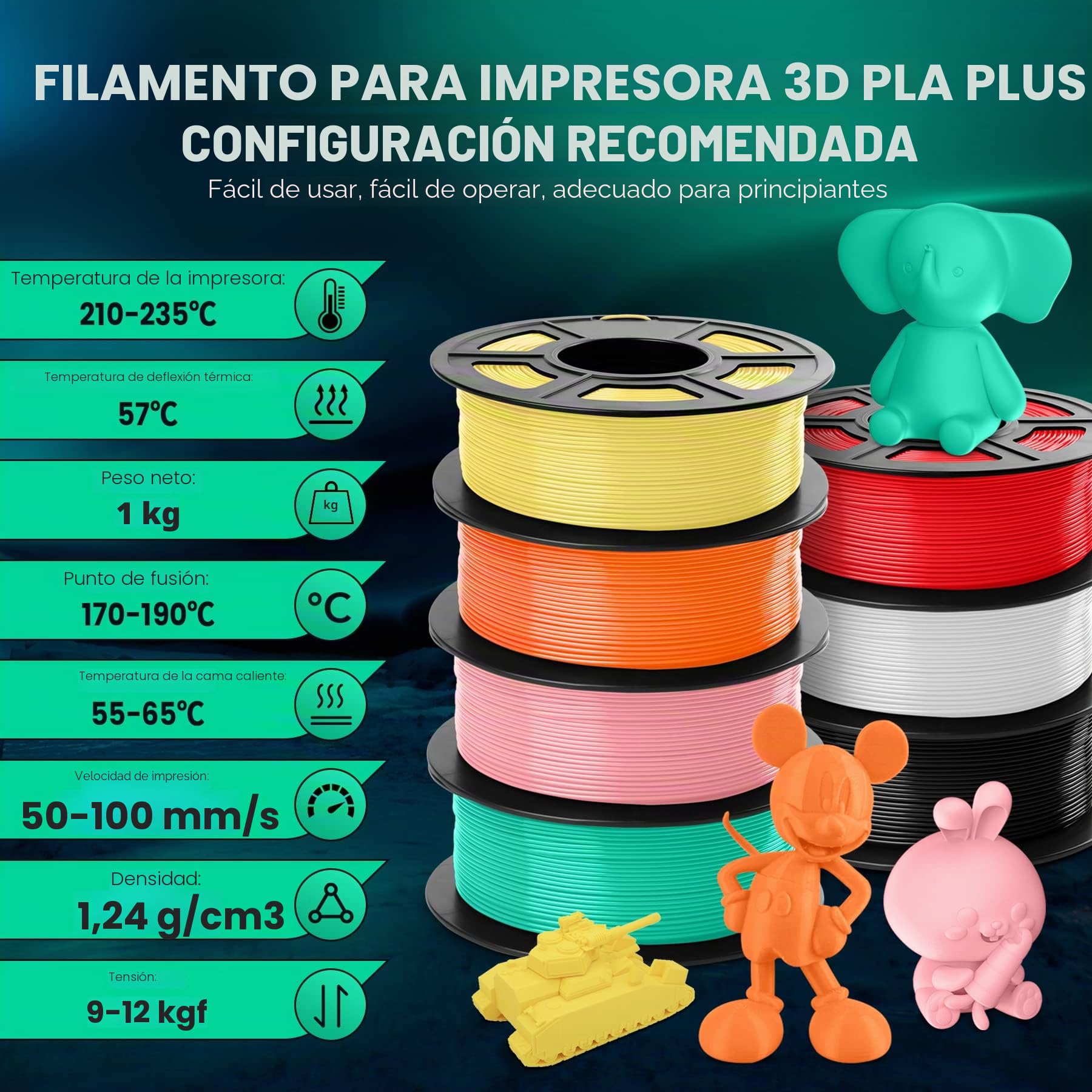 SUNLU PLA+ Filamento 1.75mm Negro 1KG para Impresoras 3D FDM
