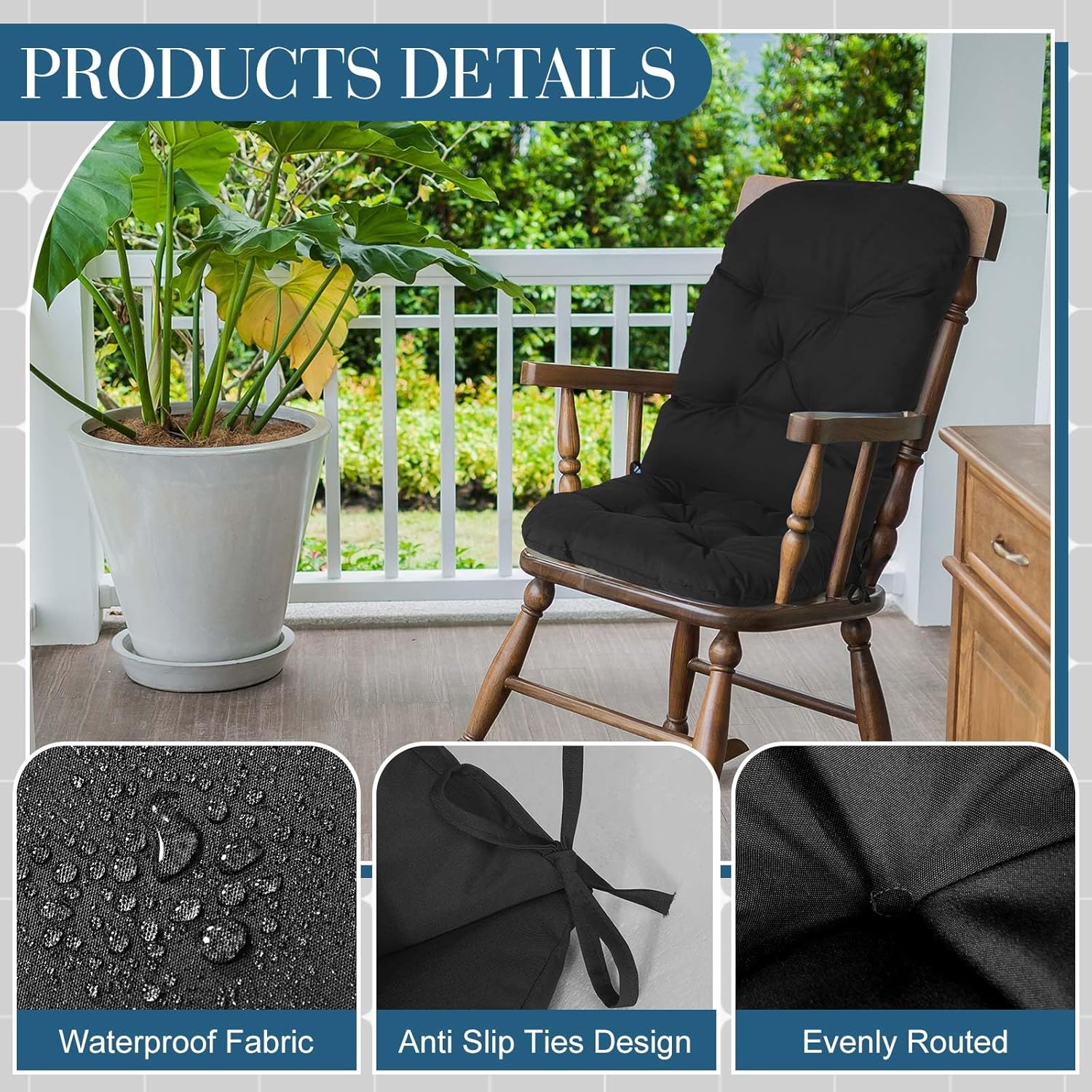 4 Set Outdoor High Back Chair Cushions 47 x 20 Inch Rocking Chair Cushions Waterproof Fade Resistant Comfort Replacement Seat Pads with Ties for Patio Lawn Yard Porch Home Office(Black)