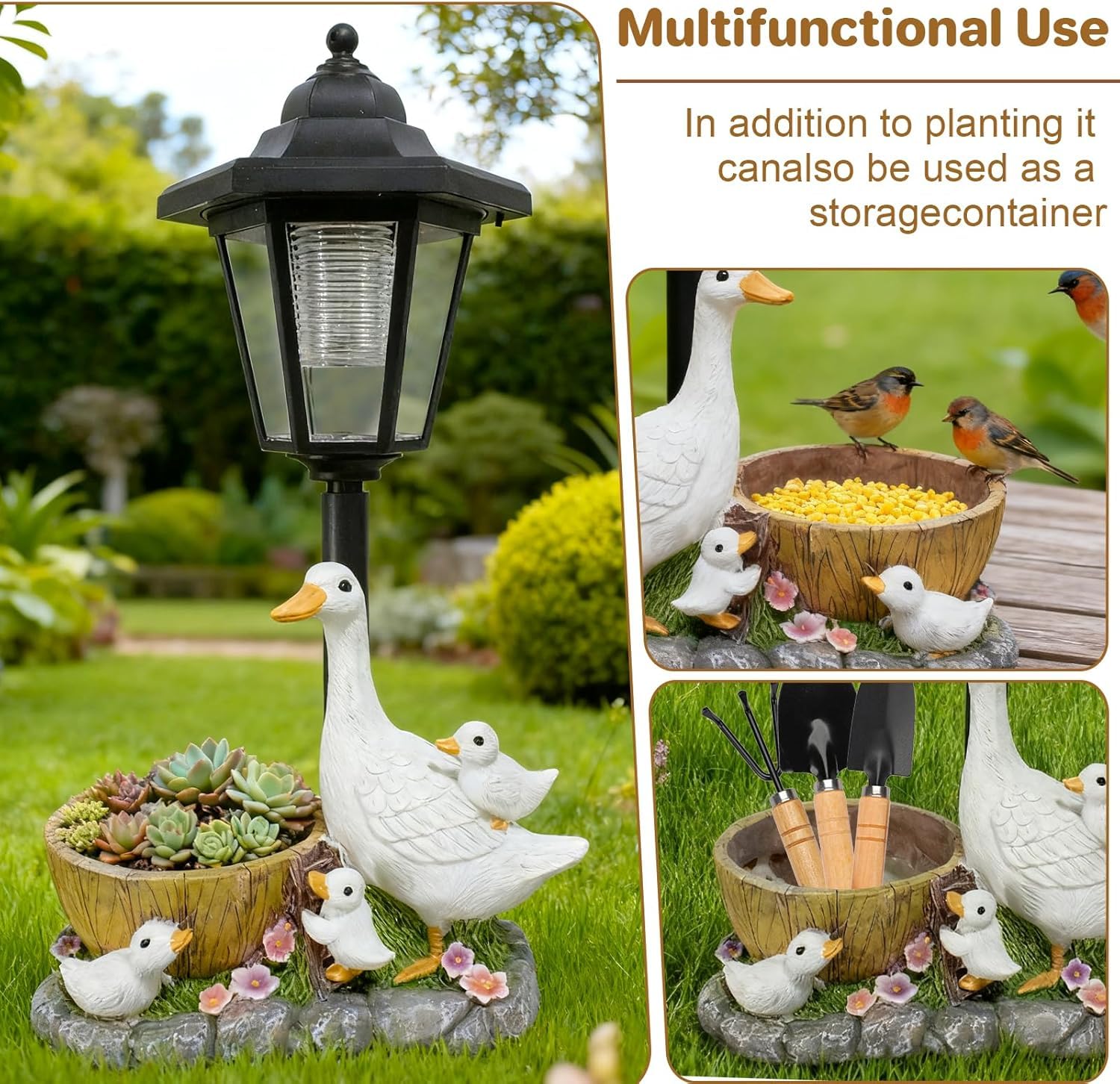 Garden Duck Statues with Solar Lantern Flowerpot Outdoor Decoration, Duck Figurines Yard Art Sculptures for Patio Lawn Backyard Porch Ornaments Unique Mother's day Birthday Gifts for Women Mom (A) — view 4