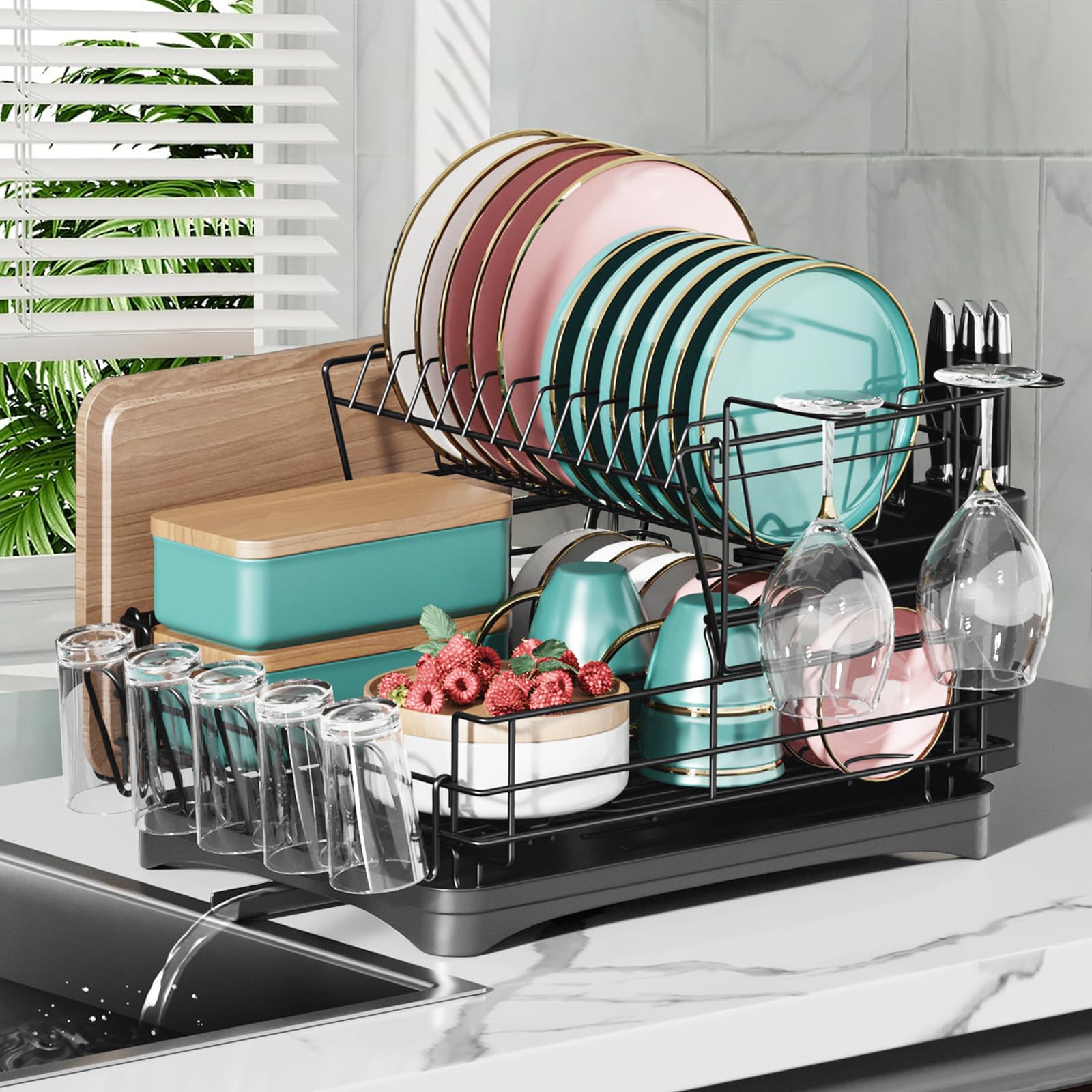 Dish Drying Rack, 2-Tier Dish Drying Stand, Rustproof Dish Drainer Dish Rack, Kitchen Plates Organizer with Utensil Holder, Cups Holder (Black)