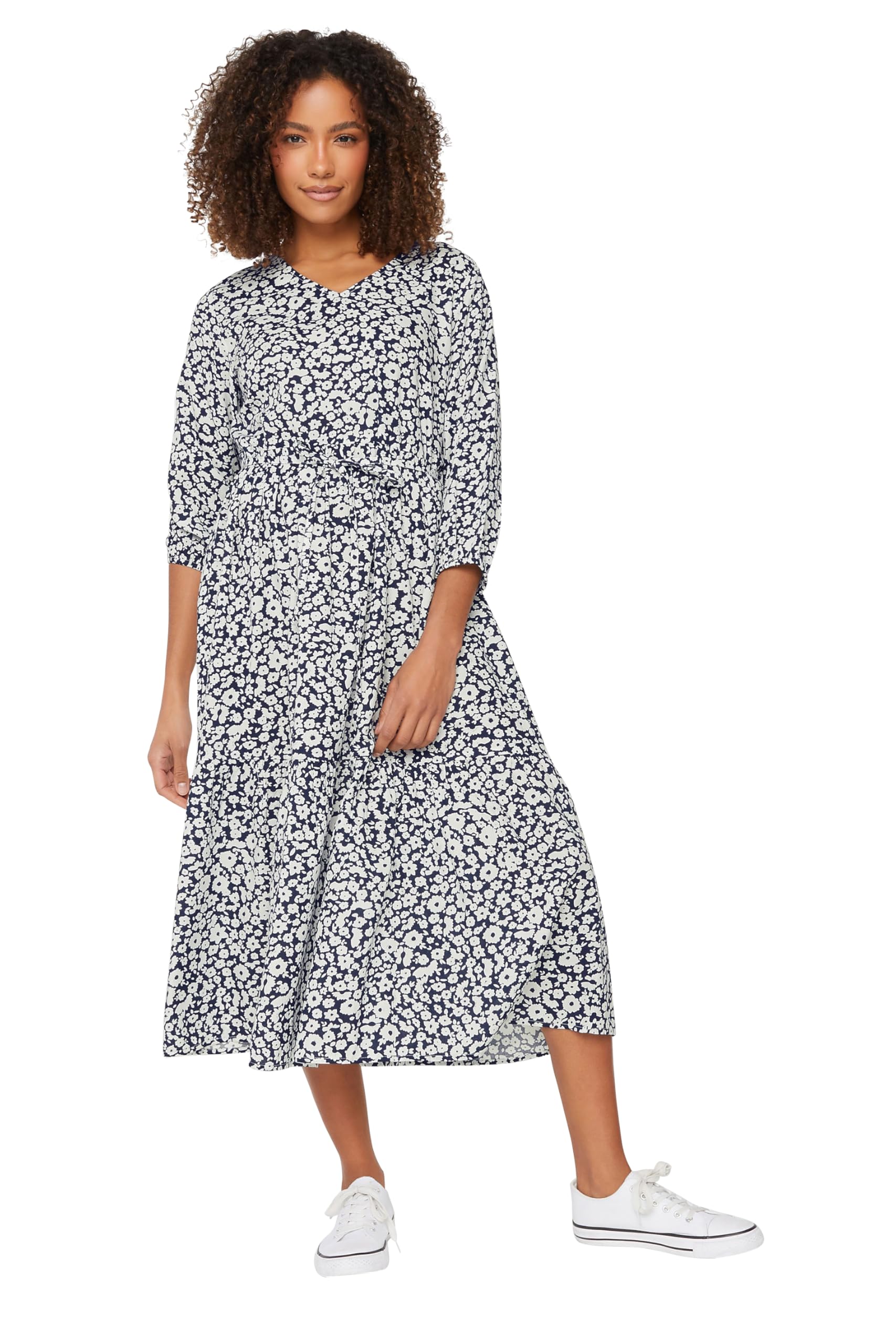 M&Co Women's Navy Blue Floral Print Tiered Midi Dress