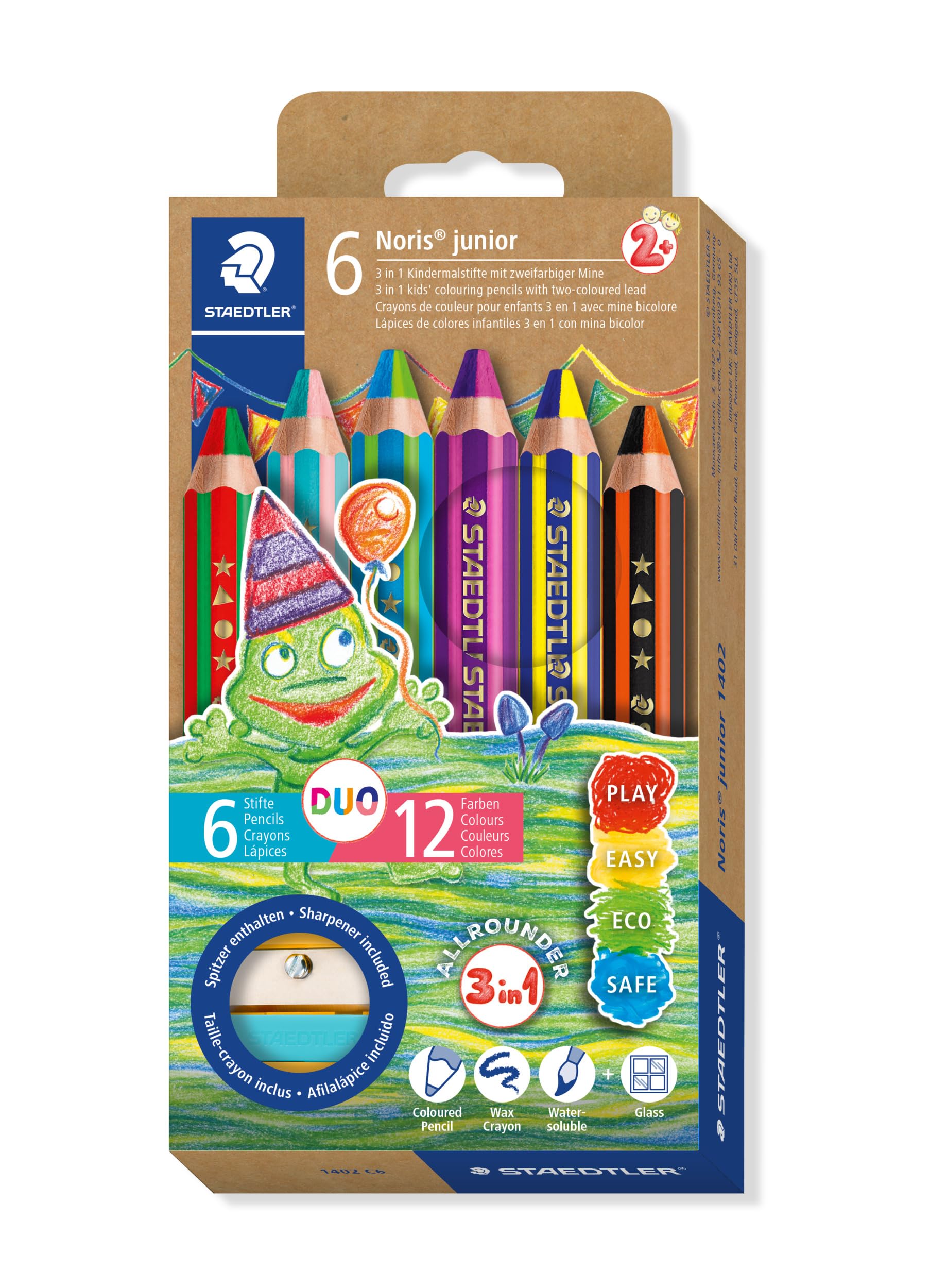 Staedtler Noris Junior Duo 1402 Children's Colouring Pen, Wax and Watercolour Pencil, Two-Tone Lead, Extra Shatterproof, Ideal for Children, 1402 C6