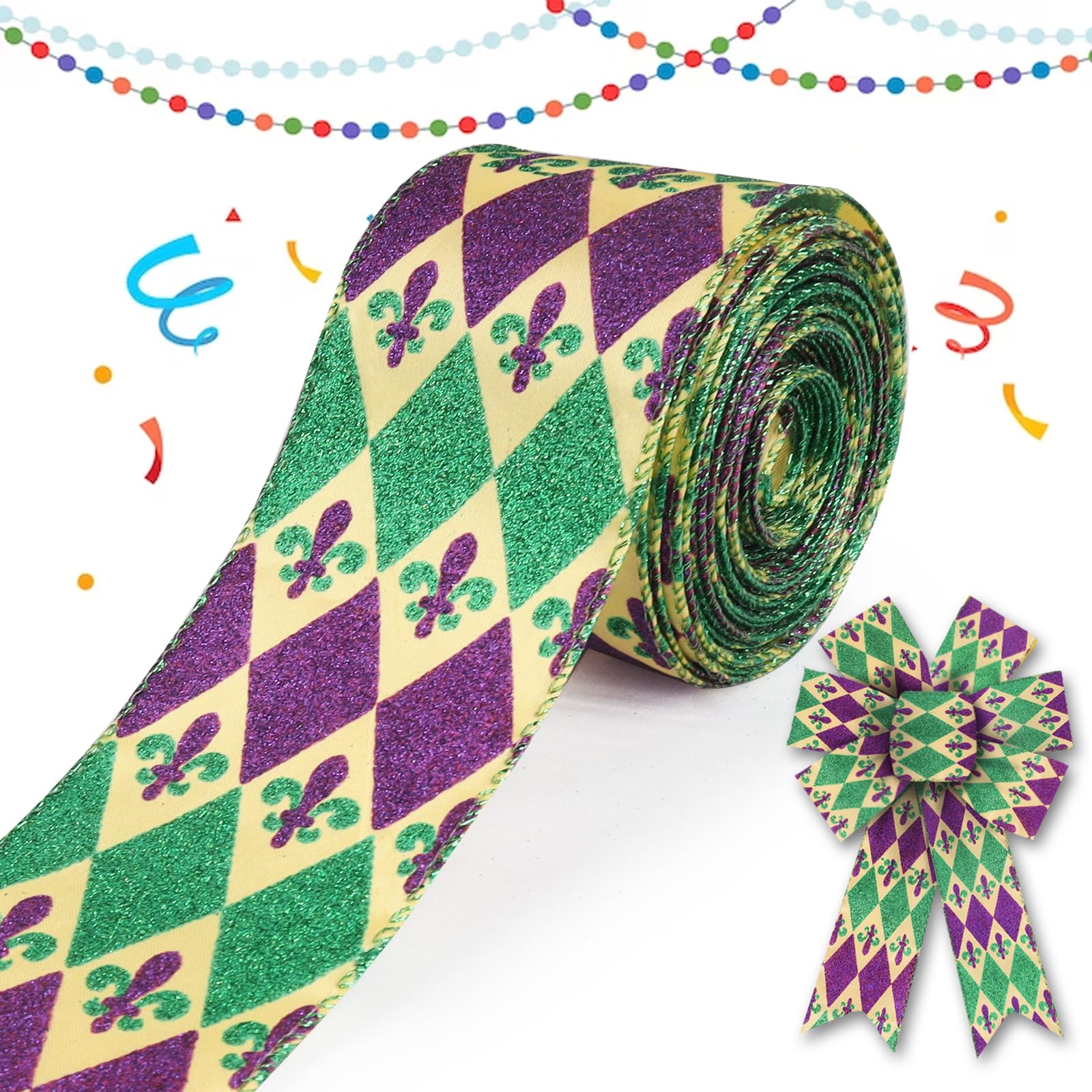 ALIBBON 2.5" 10 Yd Mardi Gras Fleur de Lis Wired Ribbon Green Purple Buffalo Plaid for Wreath Carnival Masquerade DIY Crafting Gifts Wrapping Party