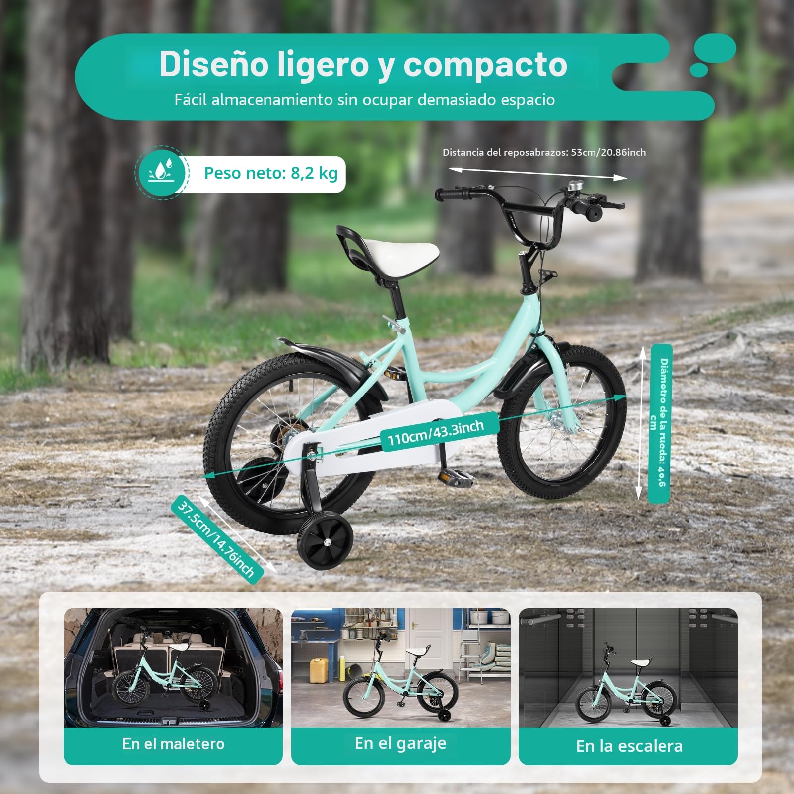 Bicicleta infantil de 16 pulgadas a partir de 4-8 años, para niños y niñas, con ruedas de apoyo, altura ajustable, color verde y negro