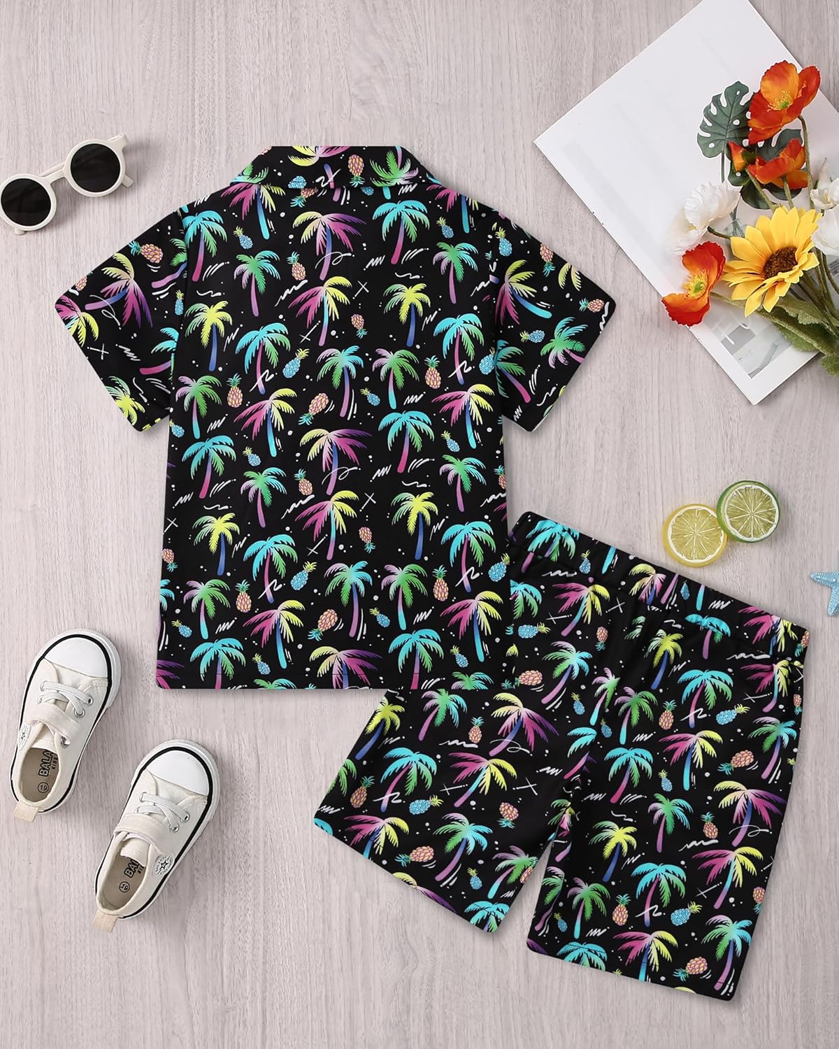 ZOEREA Boys Hawaiian Outfit 3Pcs Kids' Summer Beach Clothes Set Luau Tropical Shirt Top +Shorts + Hat for Children 4-12 Year - Image 7