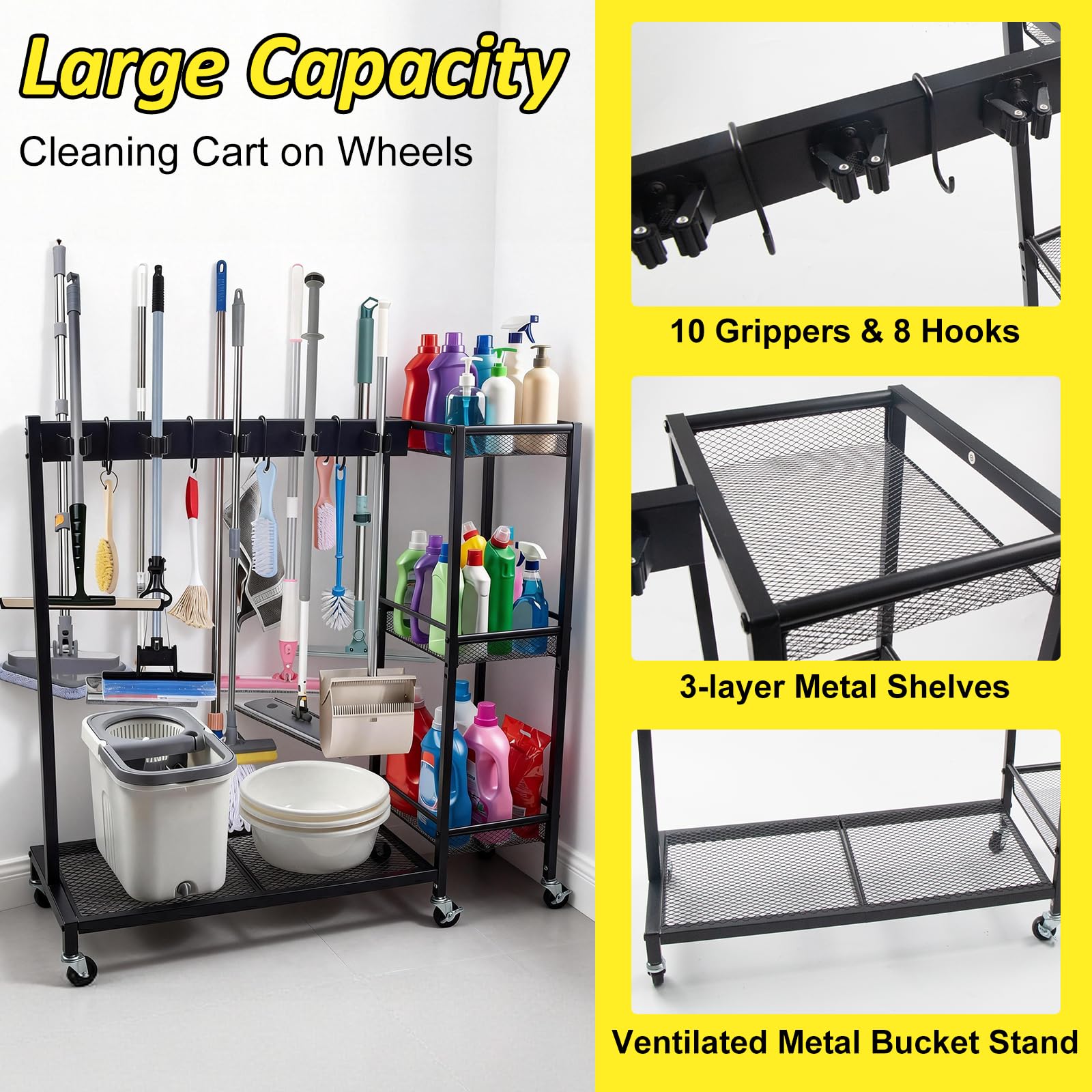 Soporte para escobas con organizador de suministros de limpieza, soporte para escobas y fregonas, carrito de limpieza móvil 2 en 1 con almacenamiento de fregona con estantes de 3 niveles, carrito de