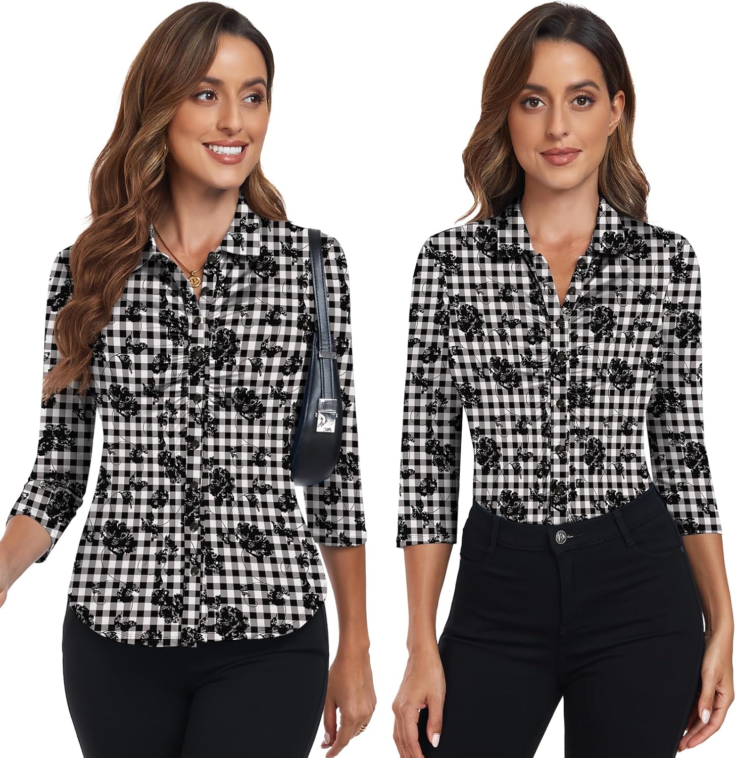 Soneven Womens 3/4 Sleeve Golf Shirts Ruffle Collared Button Down Shirt Work Blouse - Image 3