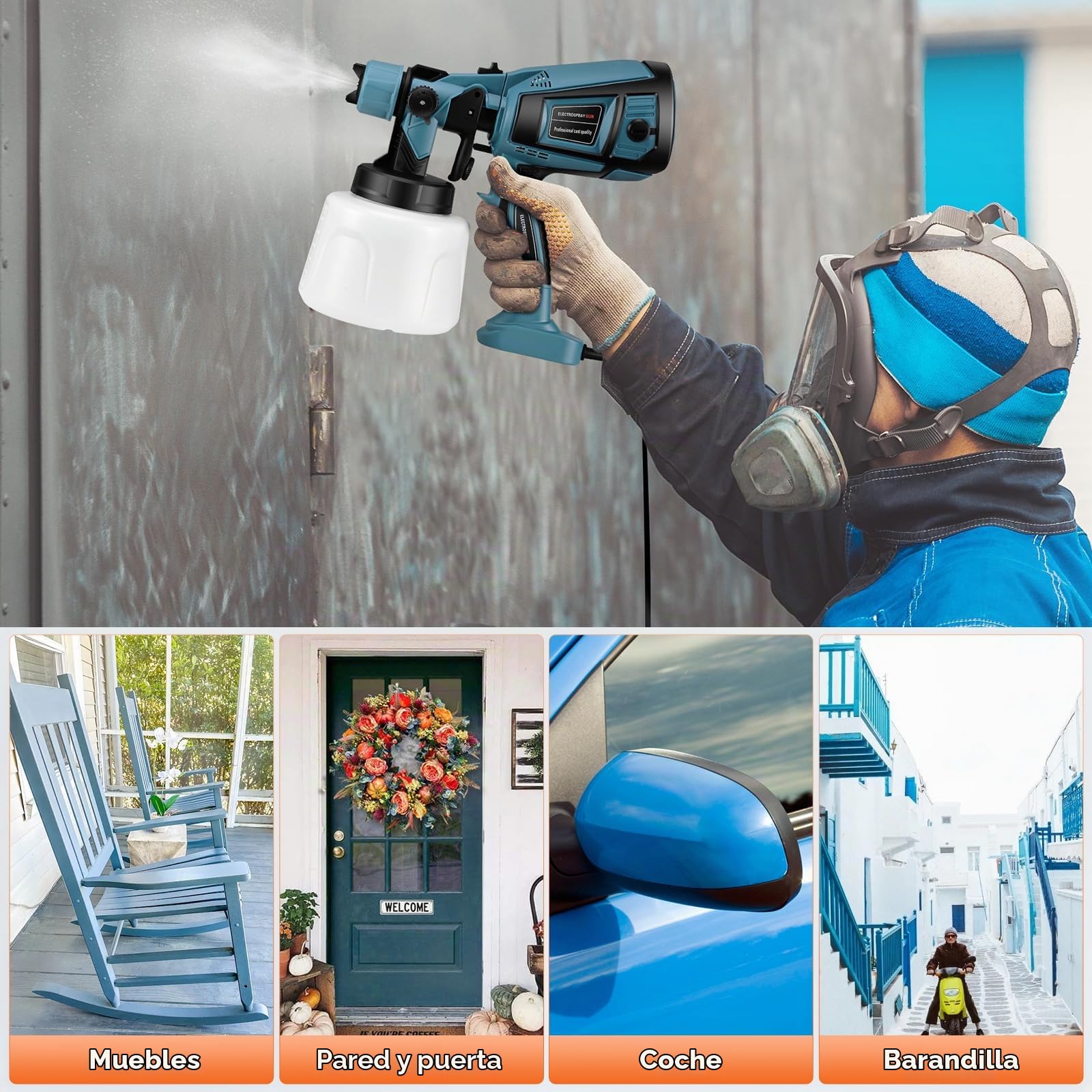Pistola de Pintura, Pulverizador de Pintura Eléctricoa de 800W, 4 Boquillas de Cobre con Capacidad de 1400ML Pulverizador, Apto para Paredes, Vallas, Madera y Techos (Azul)