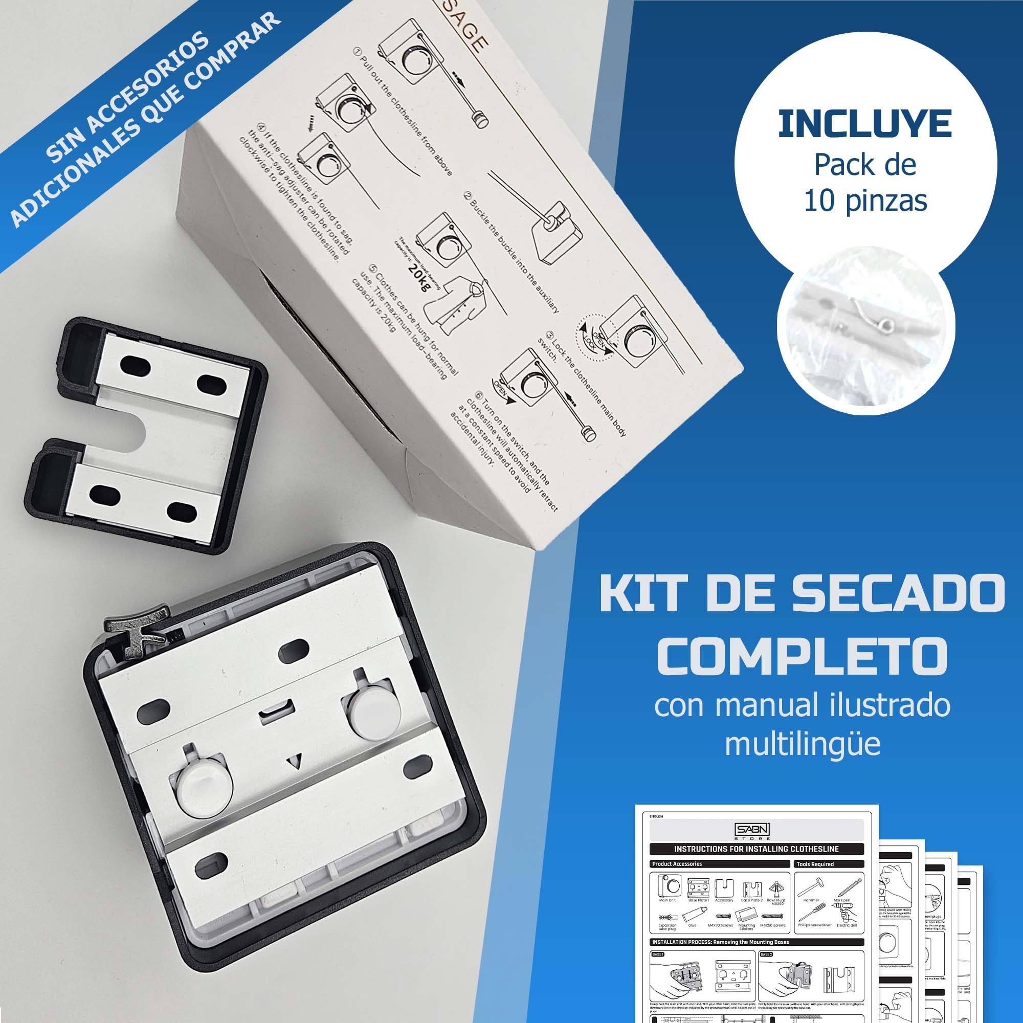 Pack Tendedero Extensible Pared Exterior, Incluye Kit Instalación Sin Taladro o Con Tornillos para Baño/Balcón + Kit Pladur y Set 10 Pinzas - Tendedero Pared Exterior - Tenderete Extensible