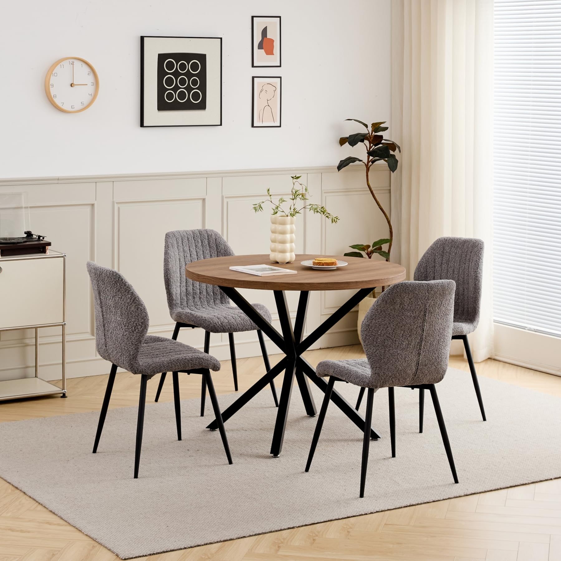GrandCA HOME Juego de Mesa y Sillas de Comedor, Mesa de Comedor Redonda de 100 CM y 4 Sillas Modernas de Lino, para Comedor, Cocina, Sala de Estar (Oscuro + Gris)